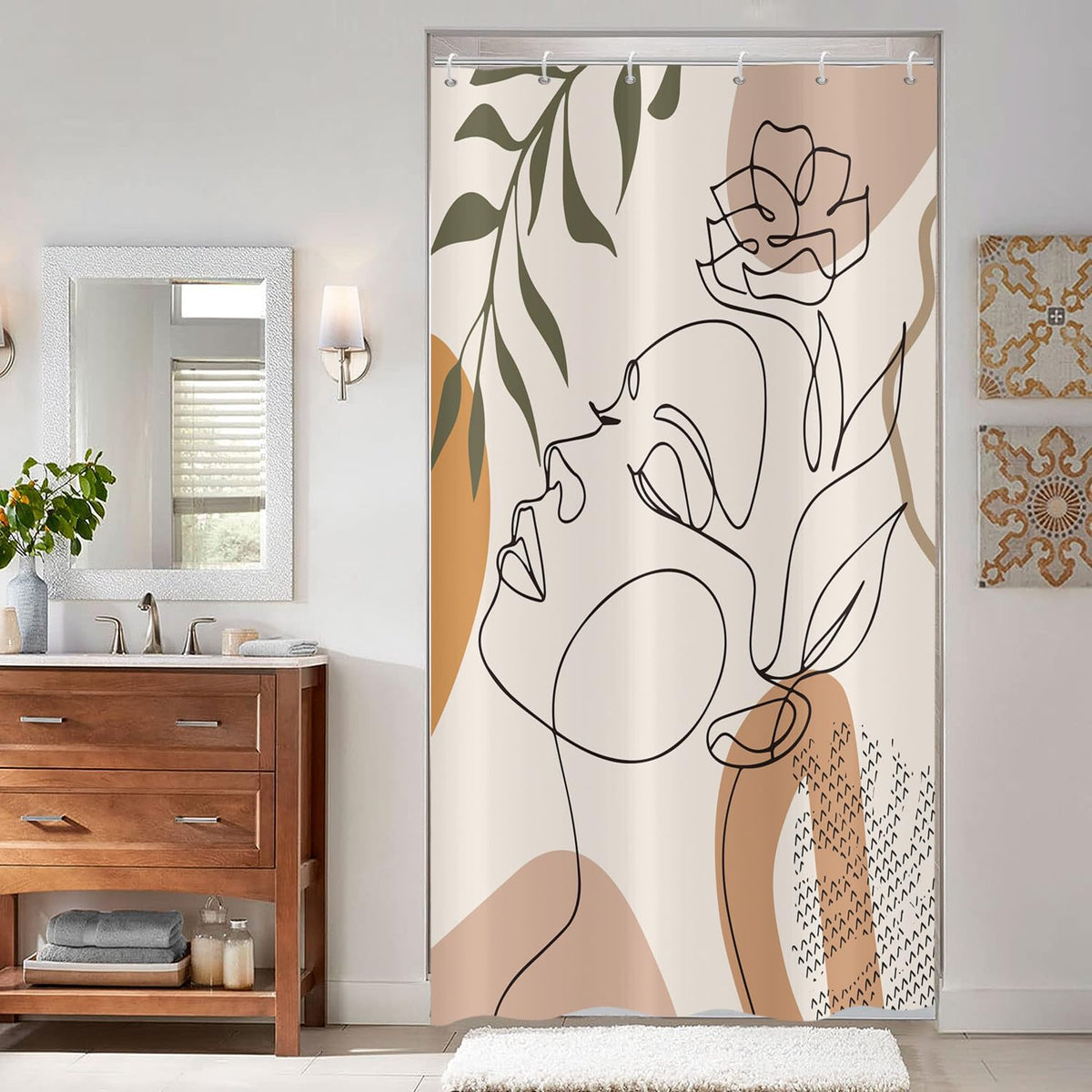 ASDCXZ Shower Curtain Beige 90x180 cm Boho Style, Modern Abstract Art Girl Face Flower Green Leaves Washable Shower Curtains Polyester Textile