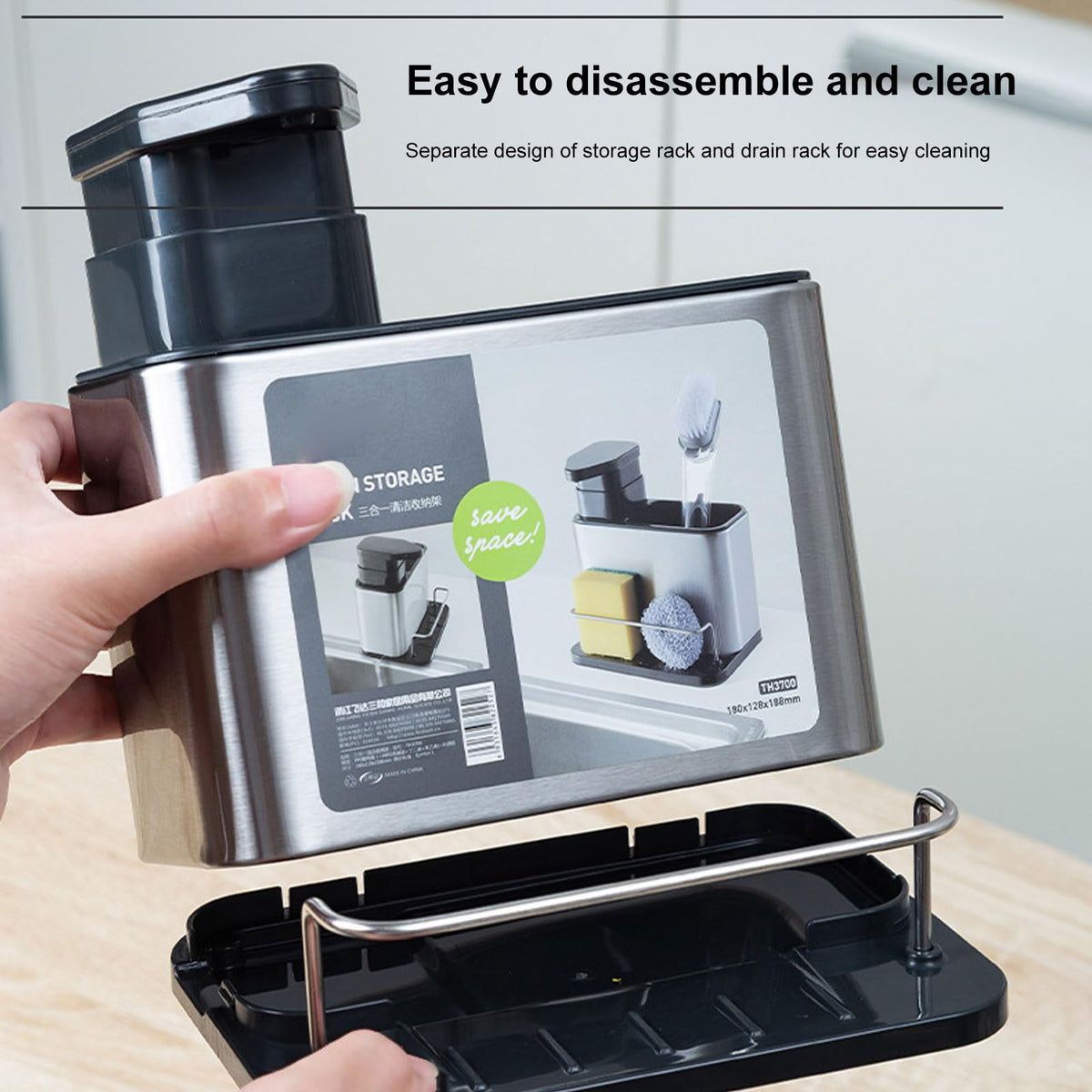Irishom 3-in-1 Kitchen Soap Dispenser with Stainless Steel Sink Caddy, Dishwashing Liquid Dispenser and Sponge & Brush Holder Organizer with Drain