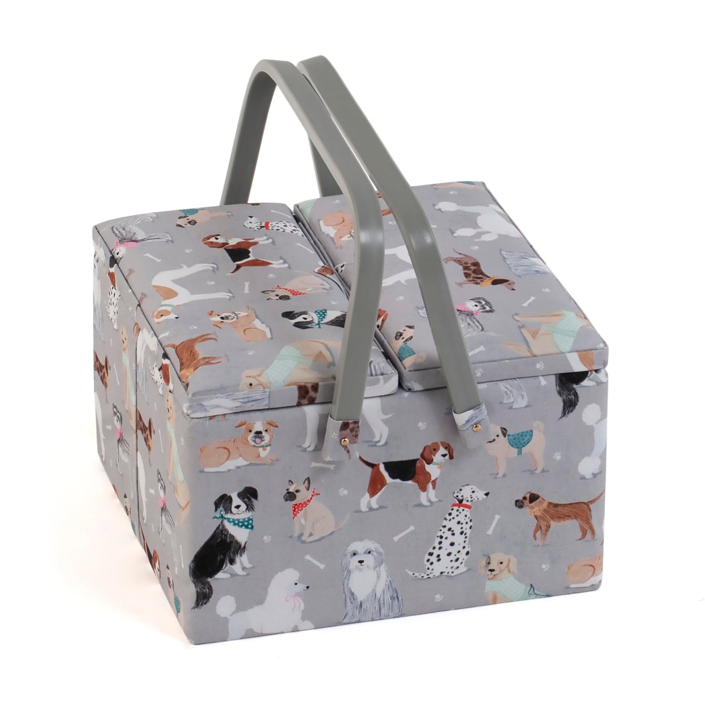 Hobby Gift Exclusive Large Twin Lid Sewing Craft Hobby Storage Box, Accessories Tray Pin Cushion Pockets PVC Handles, 25 x 25 x 17cm, Grey Dogs