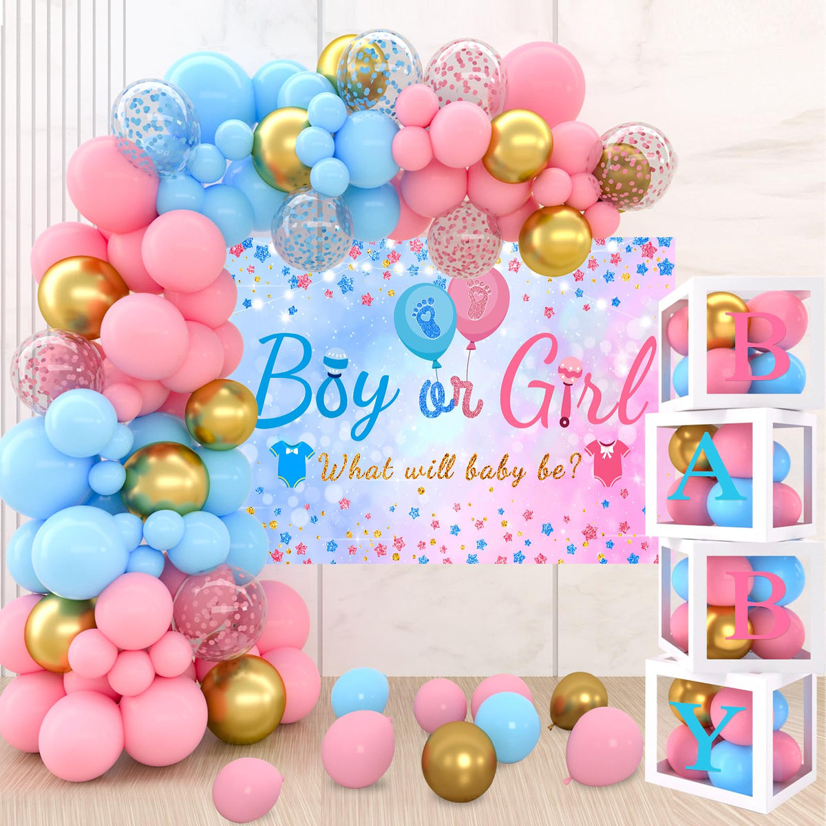 141pcs Gender Reveal Decoration Set, 132 Gender Reveal Balloons Arch Kit And 4 Balloon Boxes And Boy Or Girl Backdrop, Pink And Blue Balloons Arch,