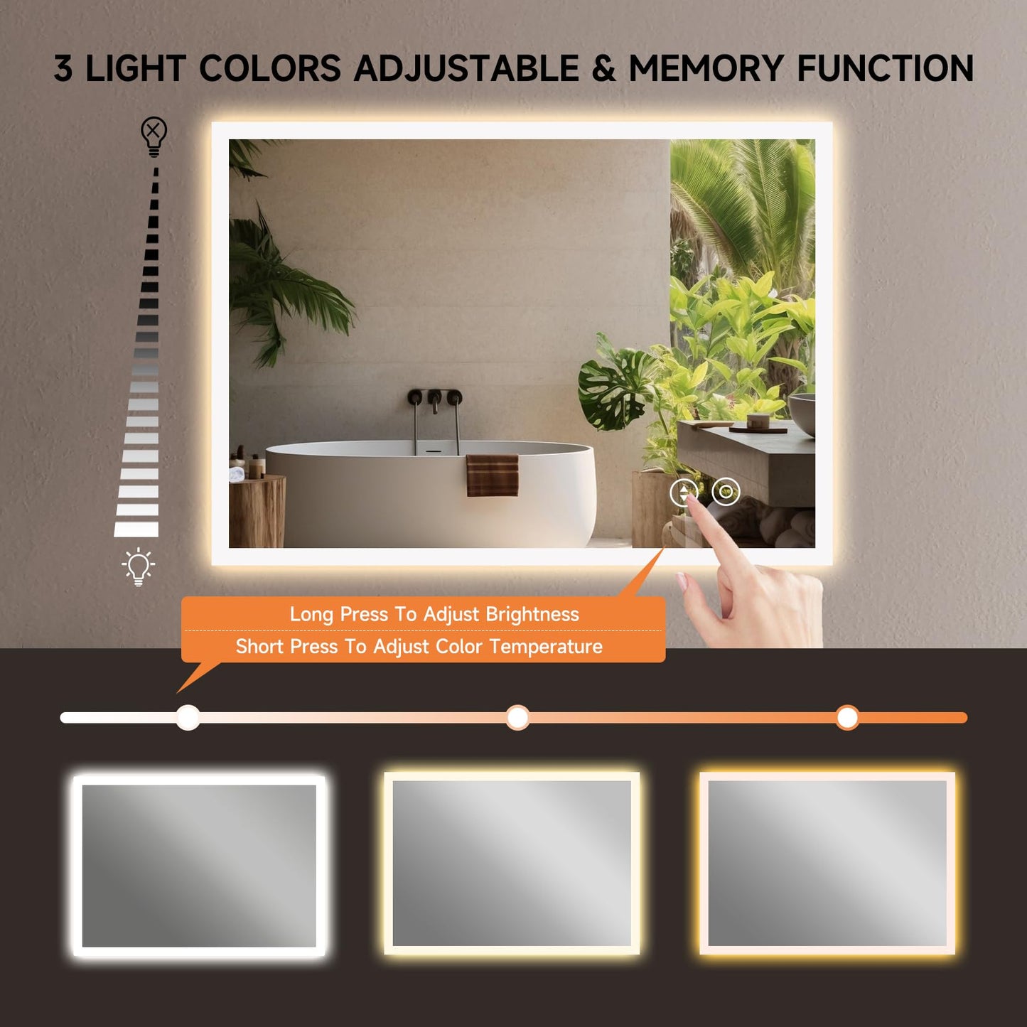 YOLEO Bathroom Mirror with LED Lights, 700x500mm Illuminated Bathroom Mirror, Wall Mounted Vanity Mirror with 3 Colors Dimmable, Anti-Fog, Touch