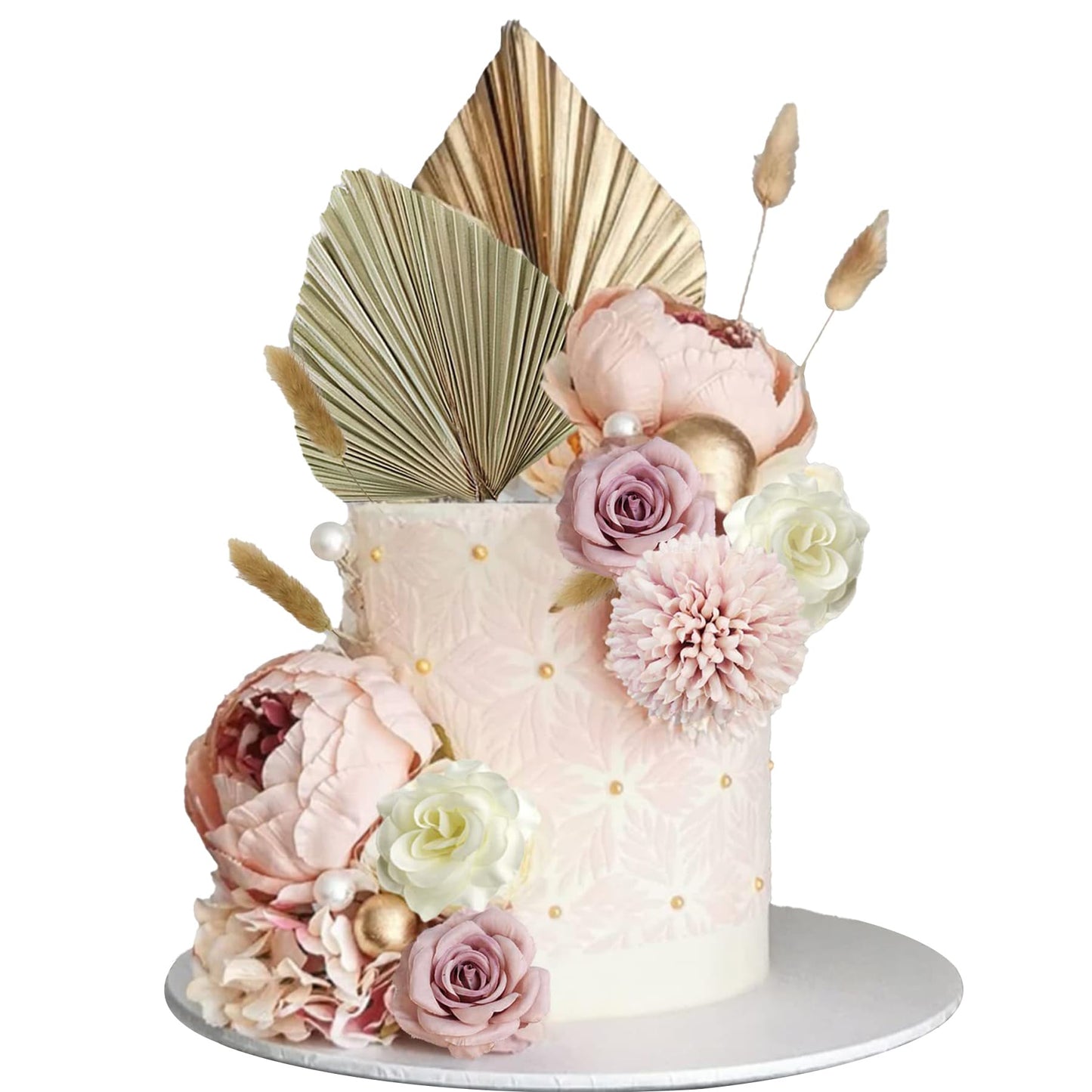 Boho Cake Decorations - 32PCS Cake Decorating Kit, Floral Cake Decorations, Bohemian Cake Topper Set Flowers Palm Leaves Pearls, Cake Decorations for