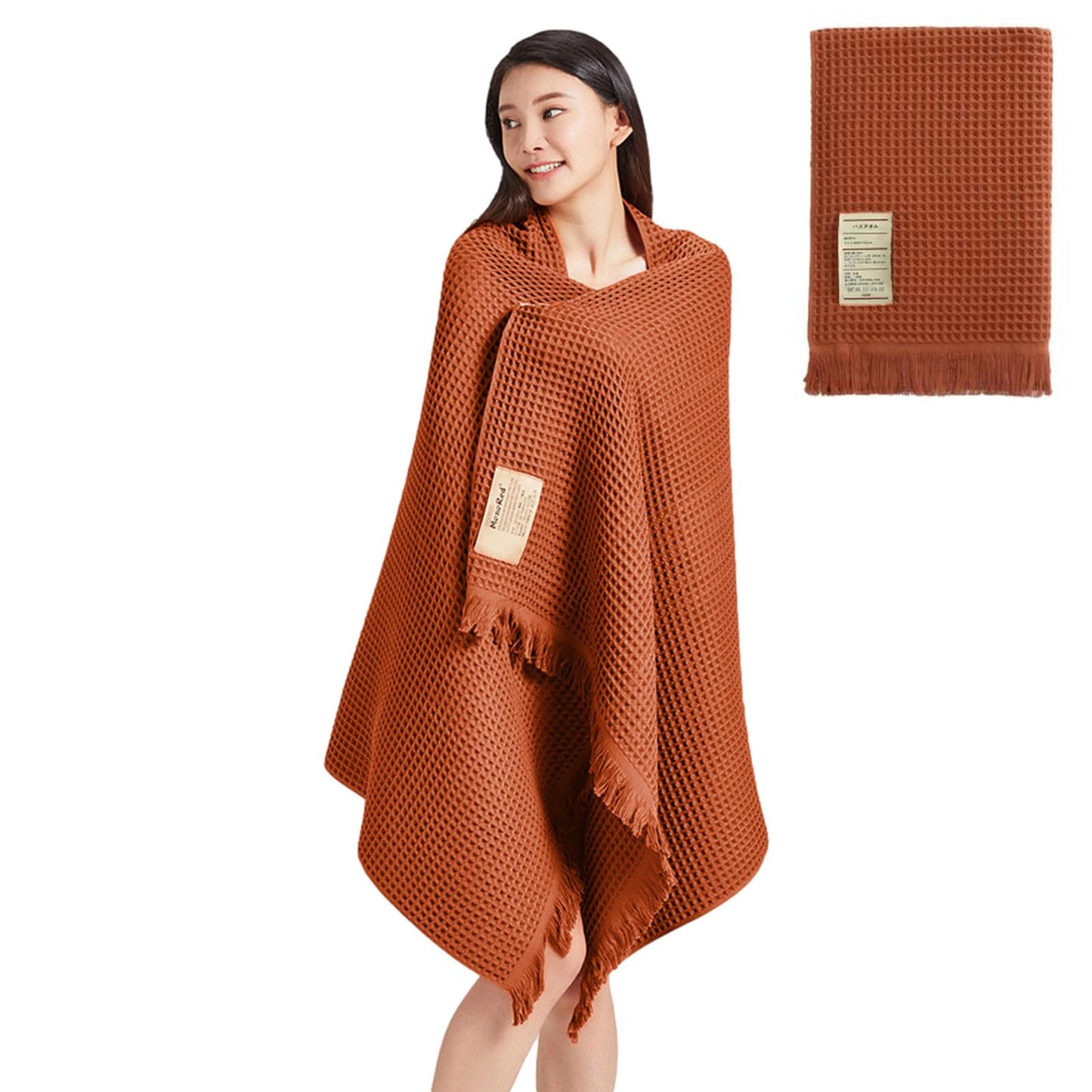 Jamron Pure Cotton Waffle Bath Towel Quick Dry Soft 180x90cm Large Bath Sheet Tassel Shawl SN079108 Tan