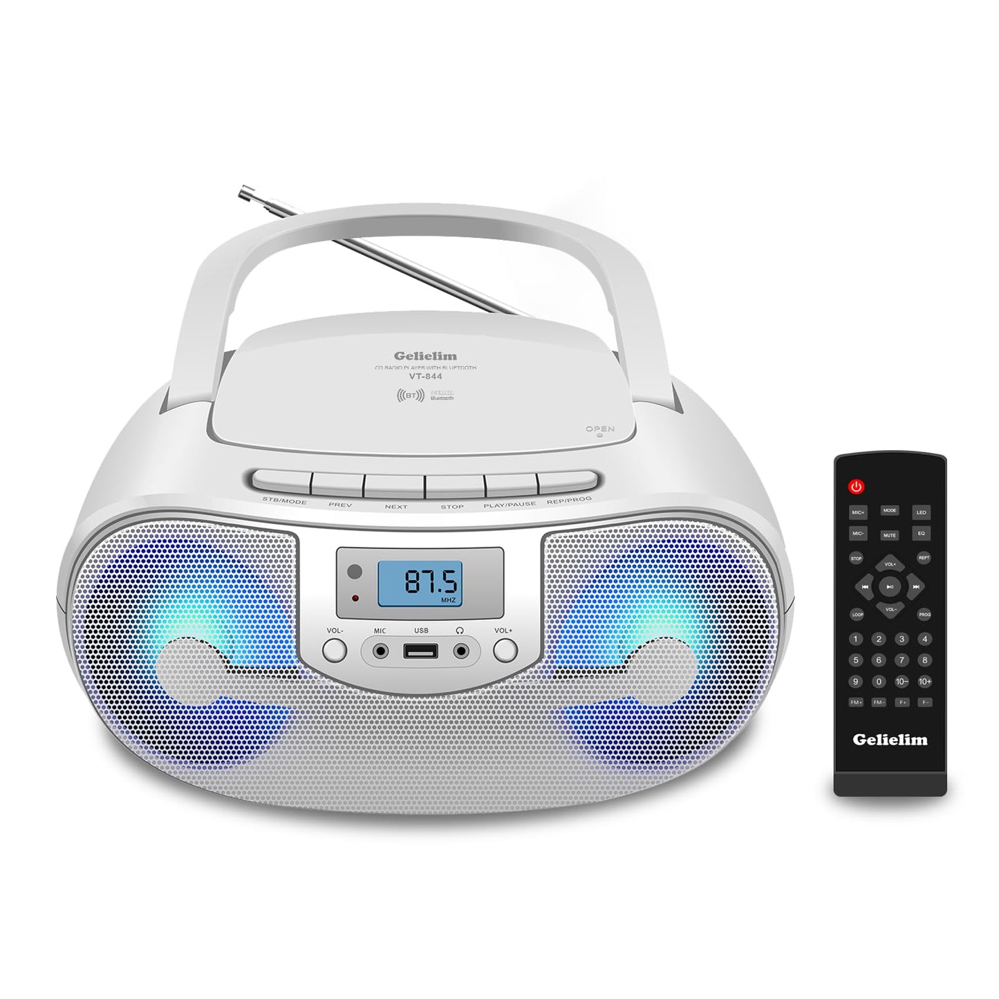 Gelielim CD Players for Home with Remote Control, Portable Bluetooth CD Boombox, Radio CD Player, USB Playback & Headphone Jack, Mic Jack, Colorful