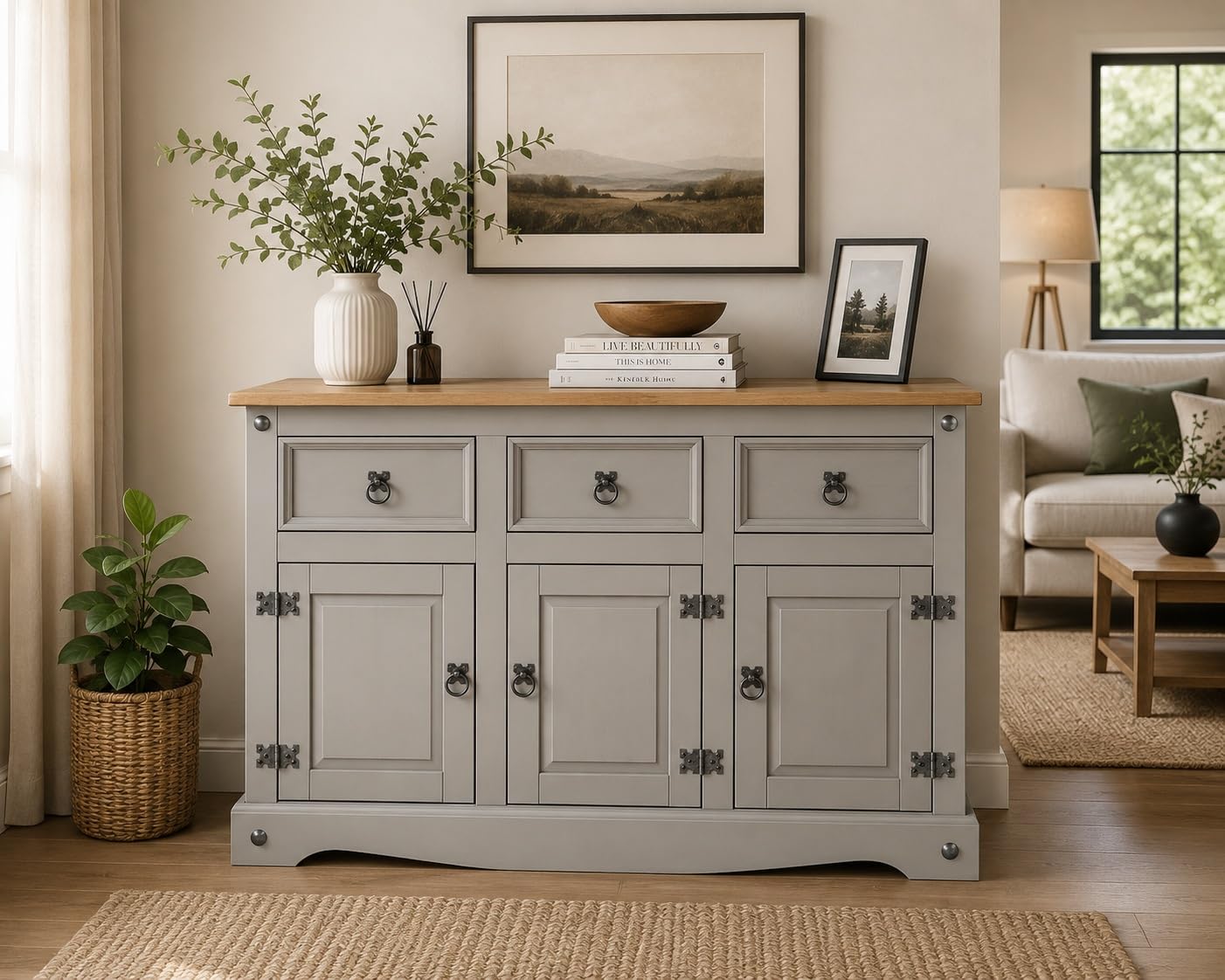 Corona Grey Sideboard 3 Door 3 Drawer Large Solid Mexican Pine Wooden Cabinet with Gunmetal Hardware W 125 cm x D 40 cm x H 76 cm