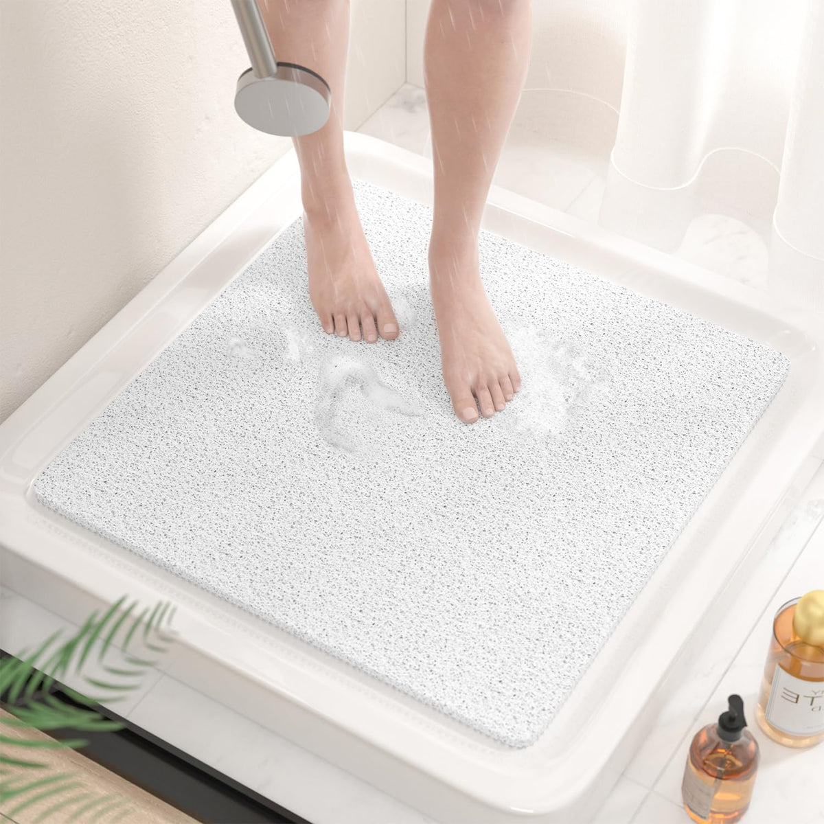 HITSLAM Square Shower Mat Non Slip Anti Mould, 53 x 53cm Soft PVC Loofah Shower Mat for Inside Shower, Bath Mat Anti Slip With Drain, Quick Drying