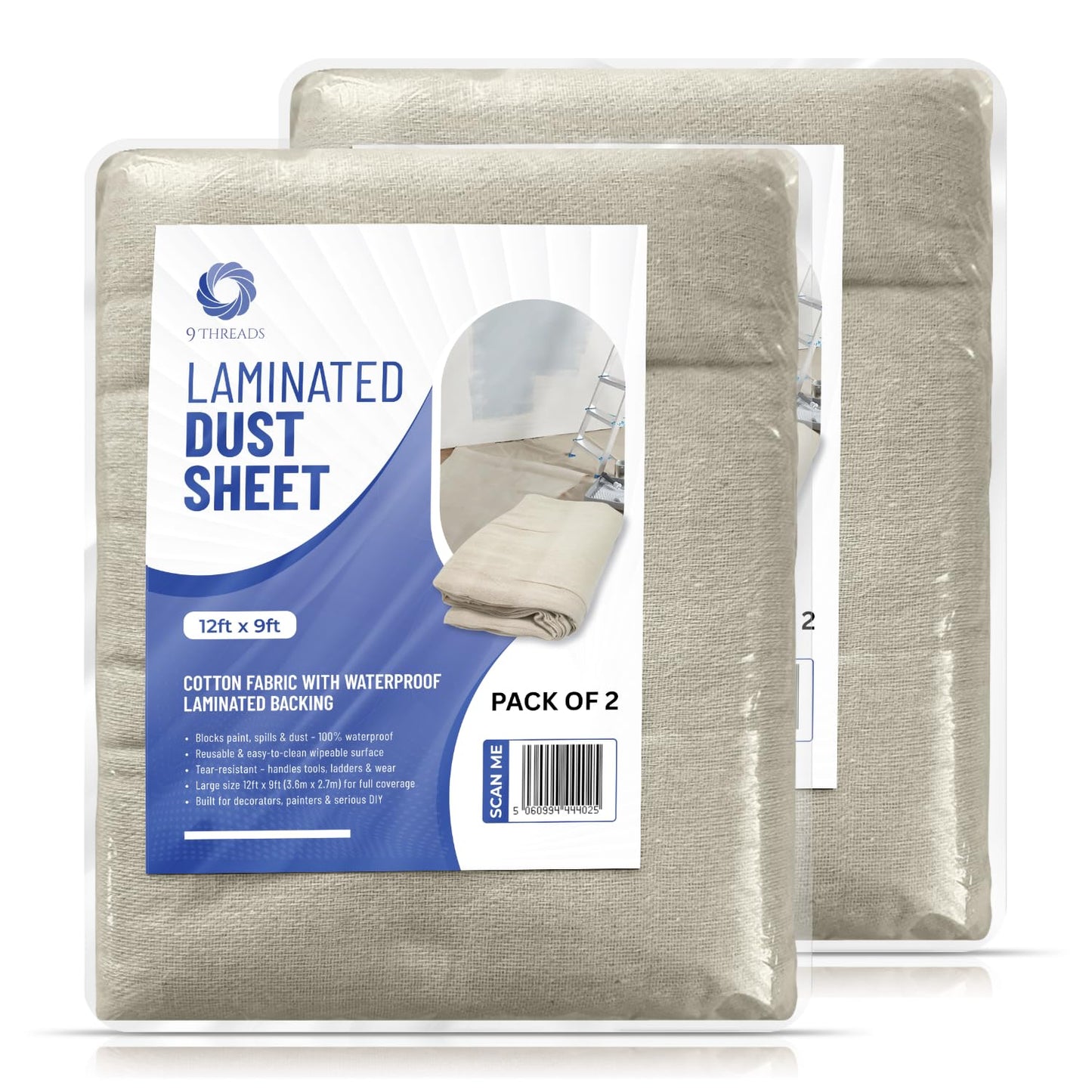 9Threads Laminated Cotton Dust Sheets 12'x9' (3.6m x 2.7m) | Washable & Reusable Drop Cloths for Painting & Decorating | Paint Cover Sheets for