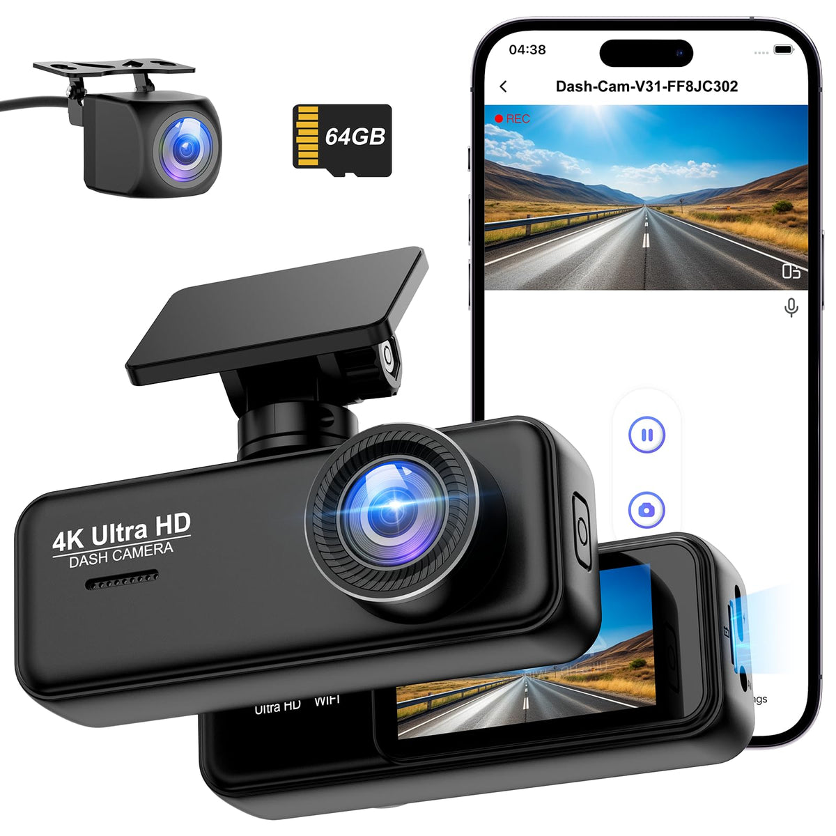 Dash Cam Front and Rear 4K+1080P, DYNACAM Dash cam Inserted 64GB SD Card, Built-in WiFi Car Camera Dash Cam, Super Night Vision Dashcam, 24H Parking