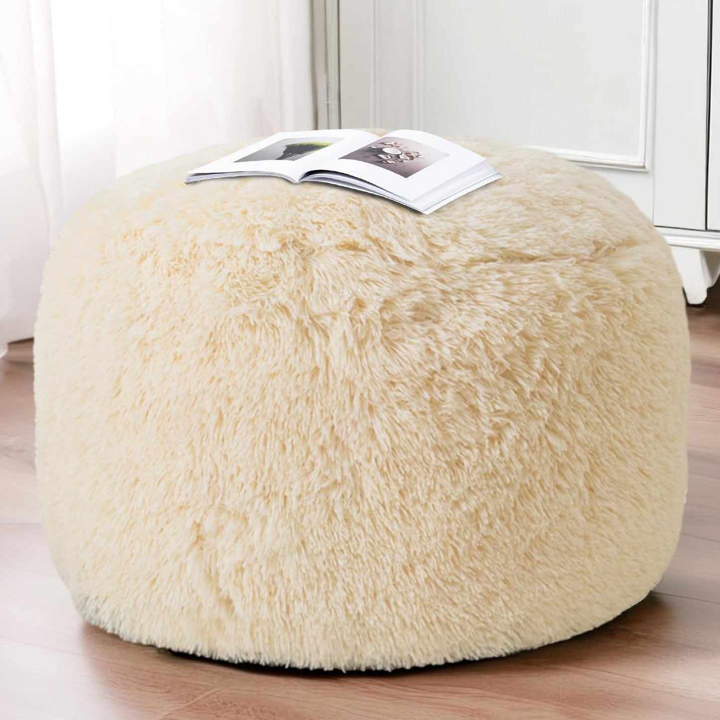 HIGOGOGO Faux Fur Beanbags Round Footstool Bean Bag Pouf with Foam Chunk Filling, 65 x 45 cm Floor Poufs Foot Rest for Living Room, Beige