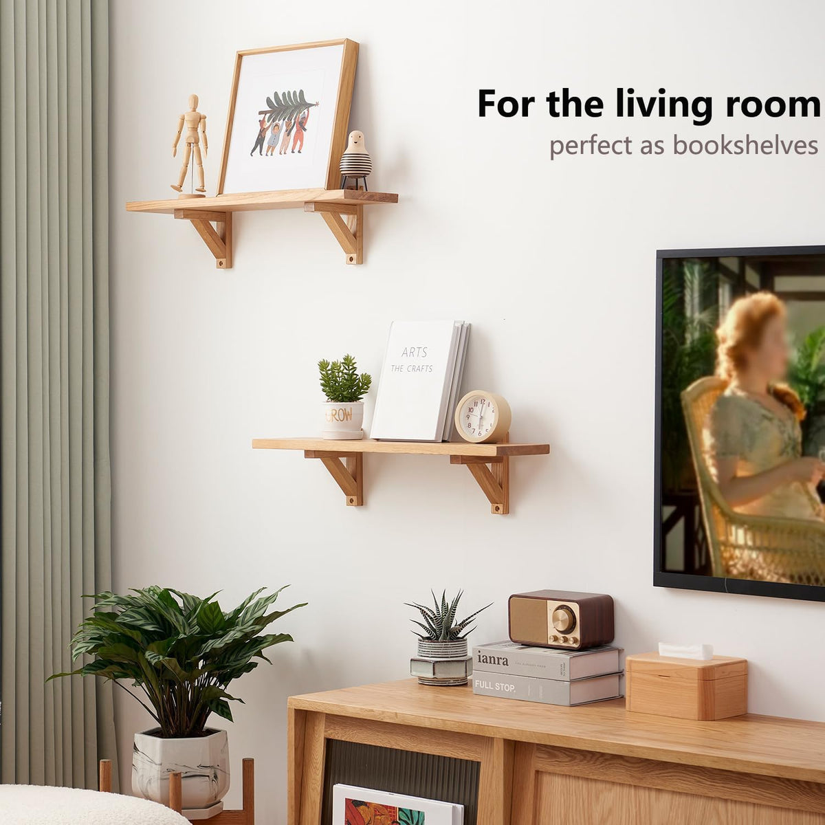 Gieanoo Oak Floating Shelves, Solid Oak wood Wall Shelf Rustic Display Shelf with 2 Triangle Brackets for Bedroom Kitchen Office Farmhouse Storage