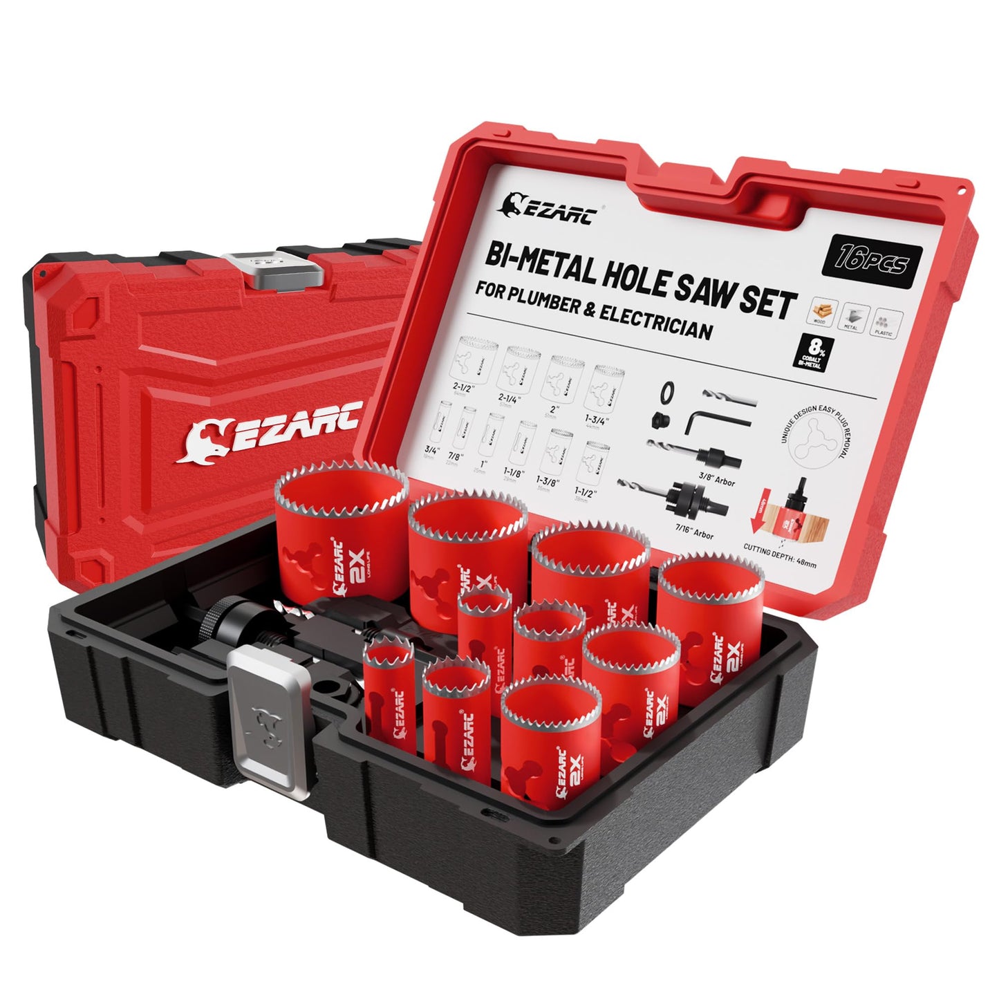 Ezarc 16pc Bi-Metal Hole Saw Set with 8% Cobalt, 48mm Deep Cut for Metal, Hardwood, PVC & Drywall,19-64mm Hole Saws Kit,4/6 TPI Variable Teeth &