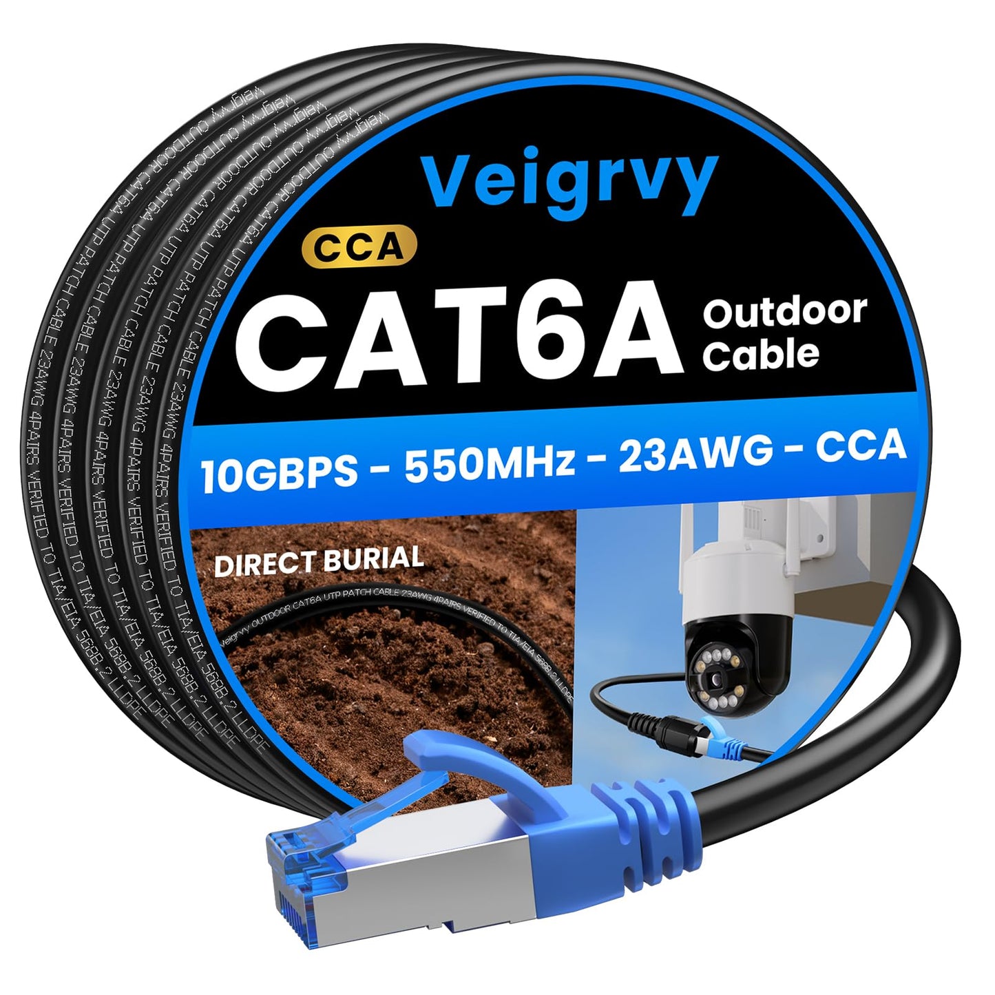 Veigrvy Cat 6A Outdoor Ethernet Cable 30m, Direct Burial Water Resistant LLDPE UV Jacket, High Speed 23AWG 10Gbps Gigabit Internet Network LAN Cable -