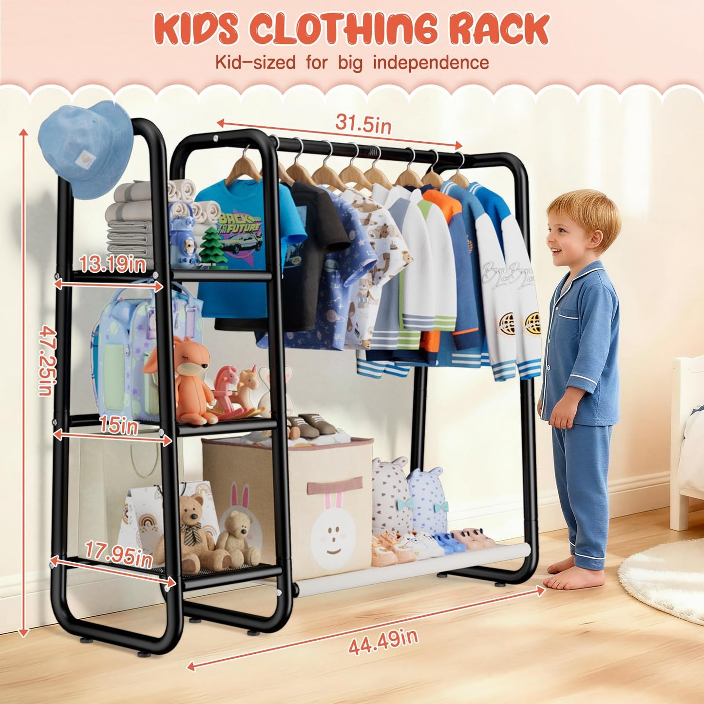 Kids Clothes Rail with 3-Tier Storage Shelves Strong Storage Dress Up Rail