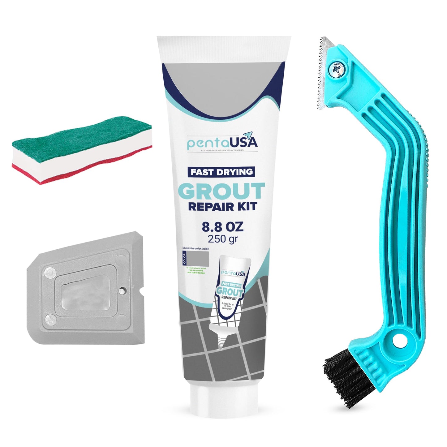 Grout - Ready Mixed Tile Grout - Sponge, Remover Saw and Scraper Set - Perfect for Bathroom, Kitchen, Floor Tiles (250g / Bundle Set) (Grey)