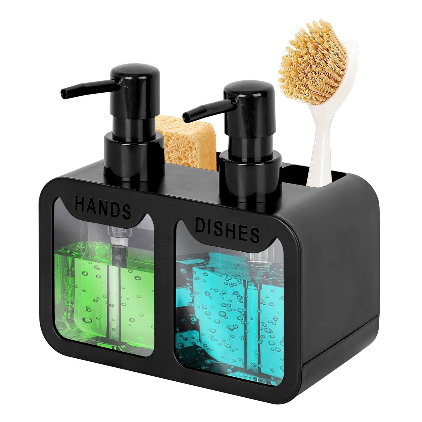 Kitchen Soap Dispenser,Hand and Dish Soap Dispenser and Spong Caddy with Brush Holder,3 in 1 Countertop Organizer for Kitchen Sink(Black)