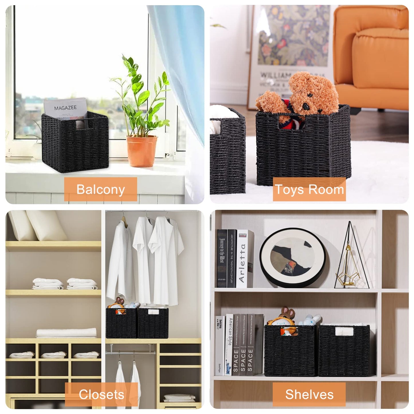 Vagusicc Wicker Baskets for Storage, Set of 2 Hand-Woven Storage Baskets for Shelves, Foldable Cube Storage Baskets Bins with Handles