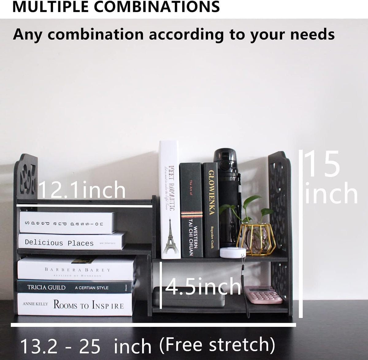 DoToGo Desk Shelf Organizer, Deskop Bookshelf for Small Space Adjustable Expendable for Office, Home, Kitchen (Black cloud)