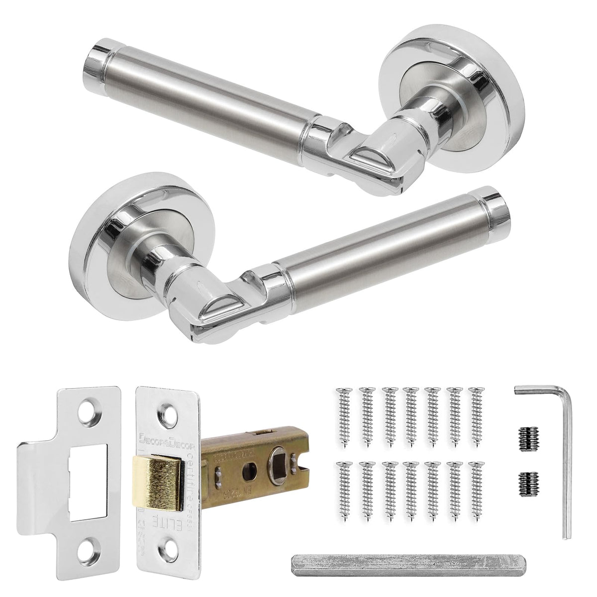 Decoranddecor Enigma Duo Colour Round Door Handles ? Aluminium Silver Internal Handle Sets with Mortice Latch ? Sleek and Versatile Design for
