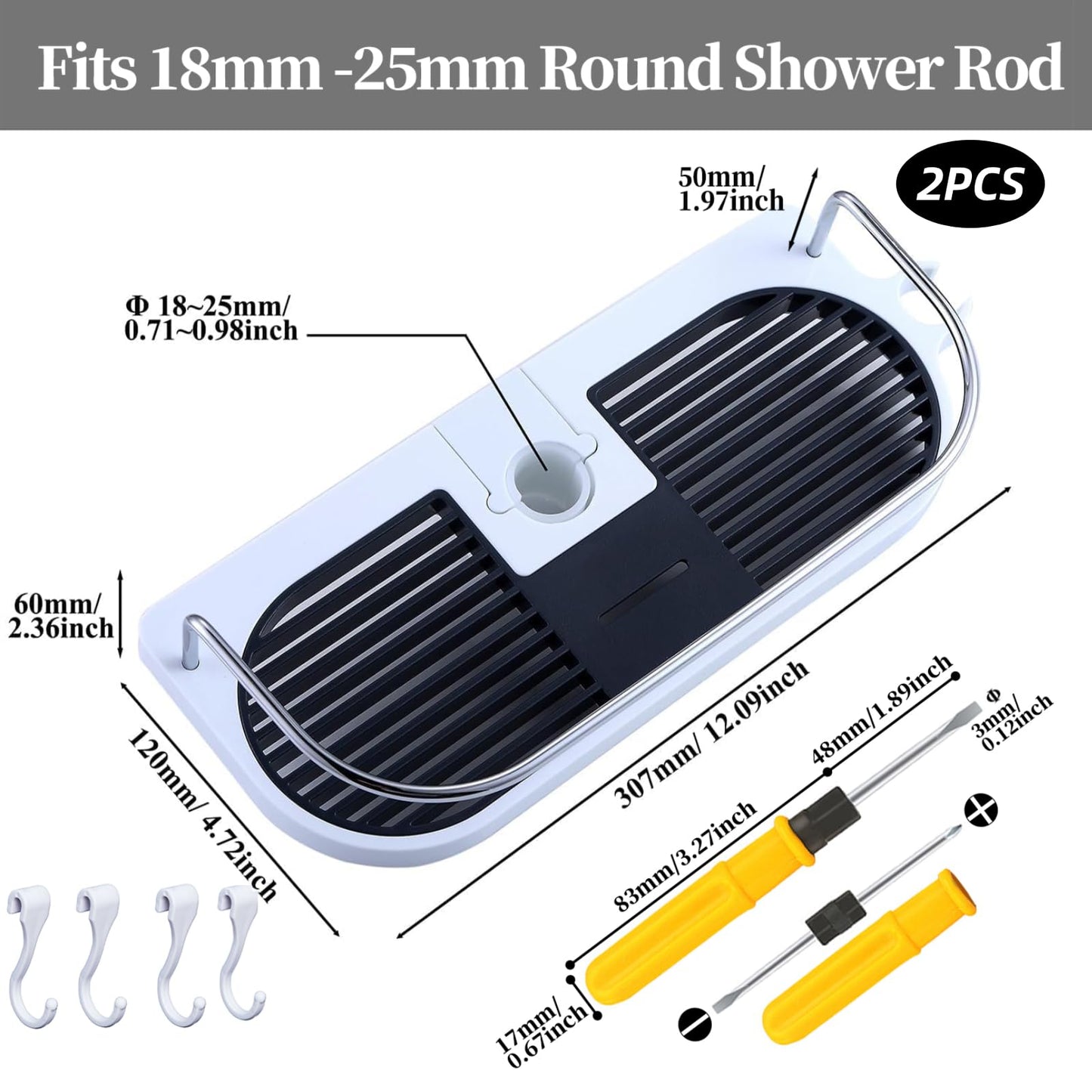 Hawsam 2PCS Shower Caddy No Drill for Shower Rail,Adjustable 18-25mm Rail