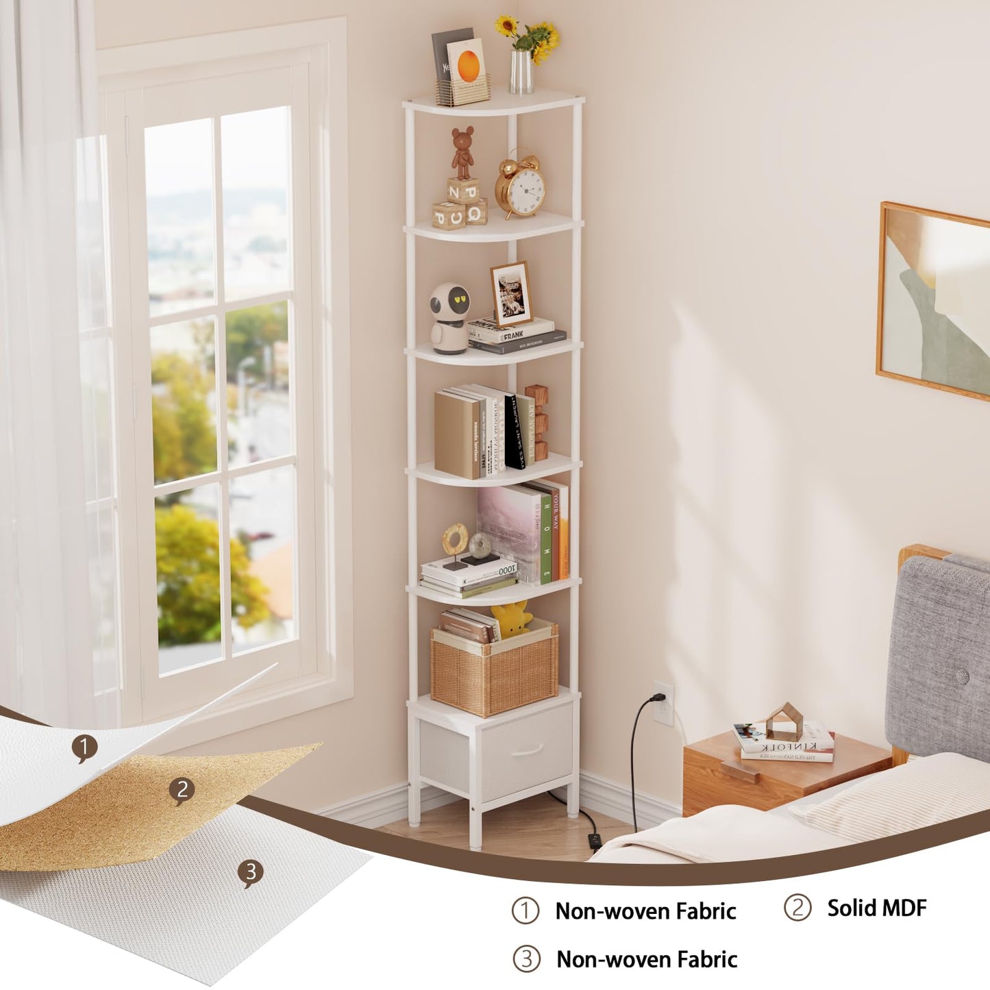 OYRREU 6-Tier Corner Shelf with LED Light & Fabric Drawer, White