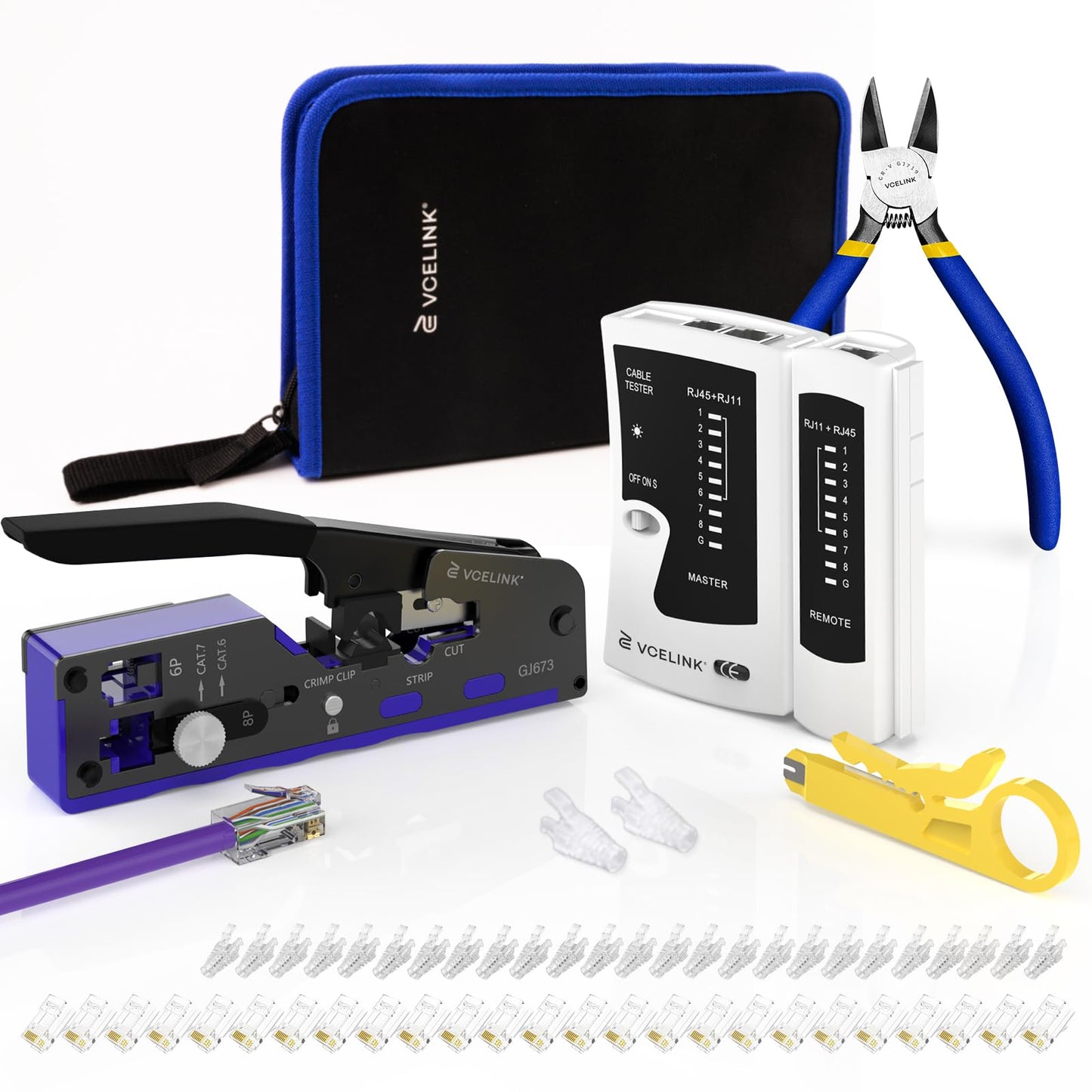 VCELINK Upgraded RJ45 Crimping Tool Kit for CAT7/6A/6/5E/5 with a Pass Through Ethernet Crimper,25 Cat6 RJ45 Connectors & Strain Relief Boots, Cable