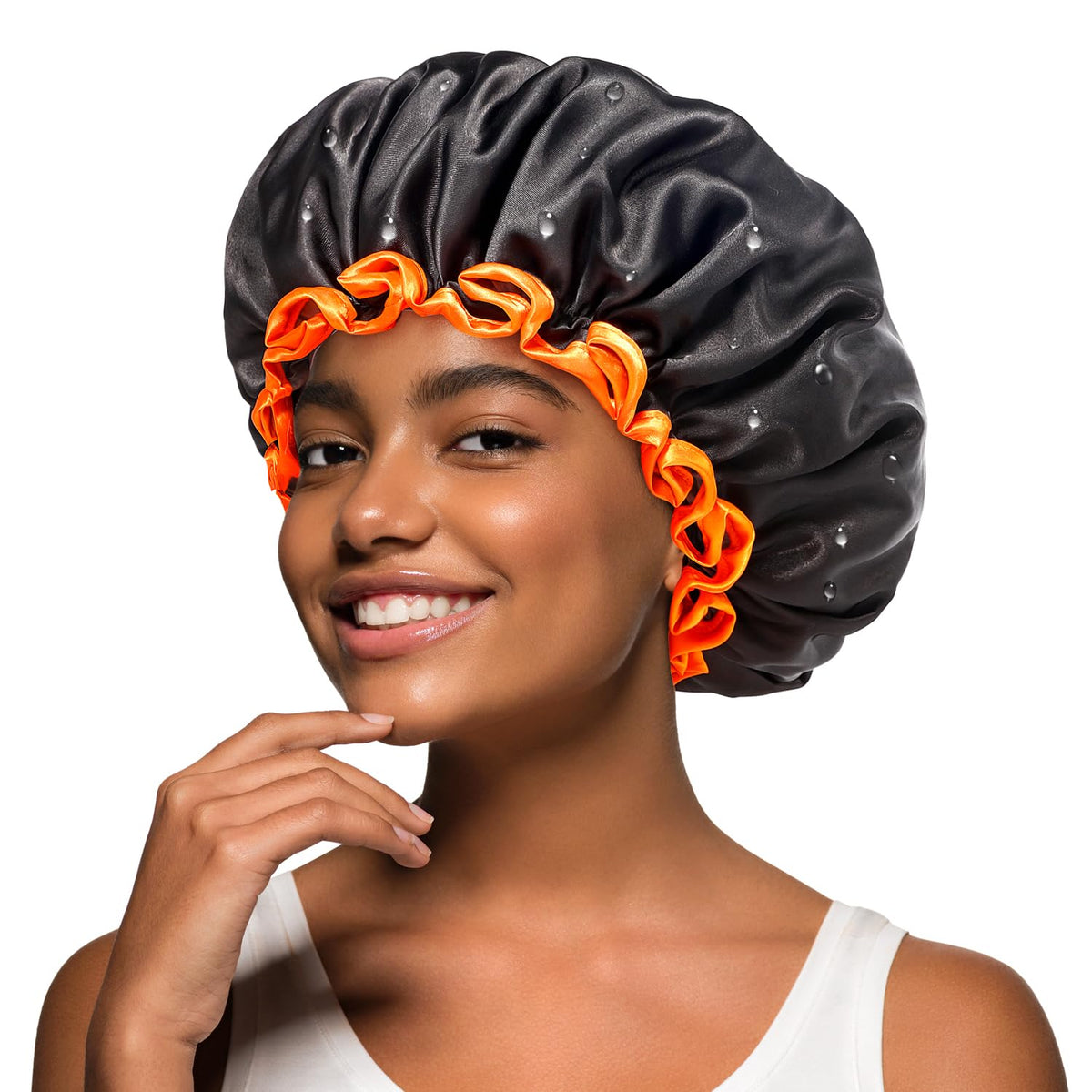mikimini Black Shower Cap for Women Long Hair, Reusable Waterproof Shower Hats for Men, Double Layer Washable Bath Cap for Thick Curly Hair Medium