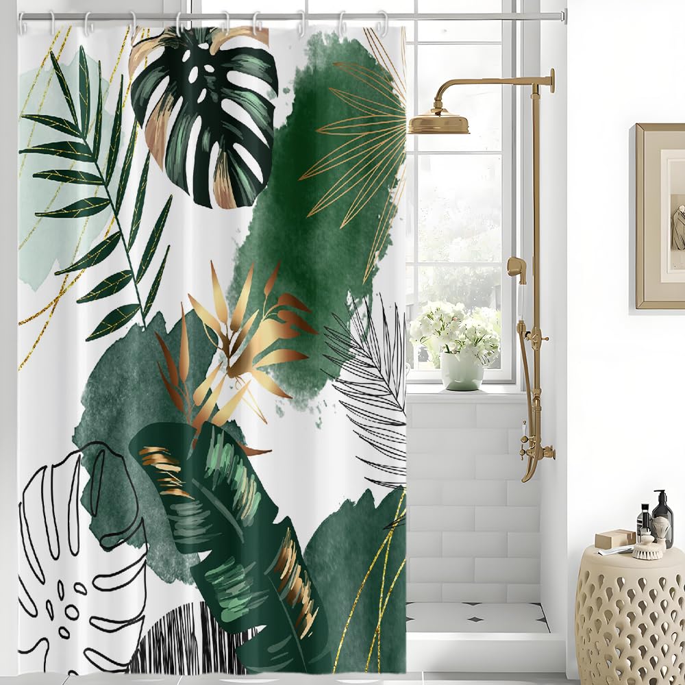 Uiiooazy Green Gold Shower Curtain, Abstract Palm Leaves Boho Monstera Tropical Plante Bath Curtain Anti Mildew Waterproof Polyester Fabric Opaque