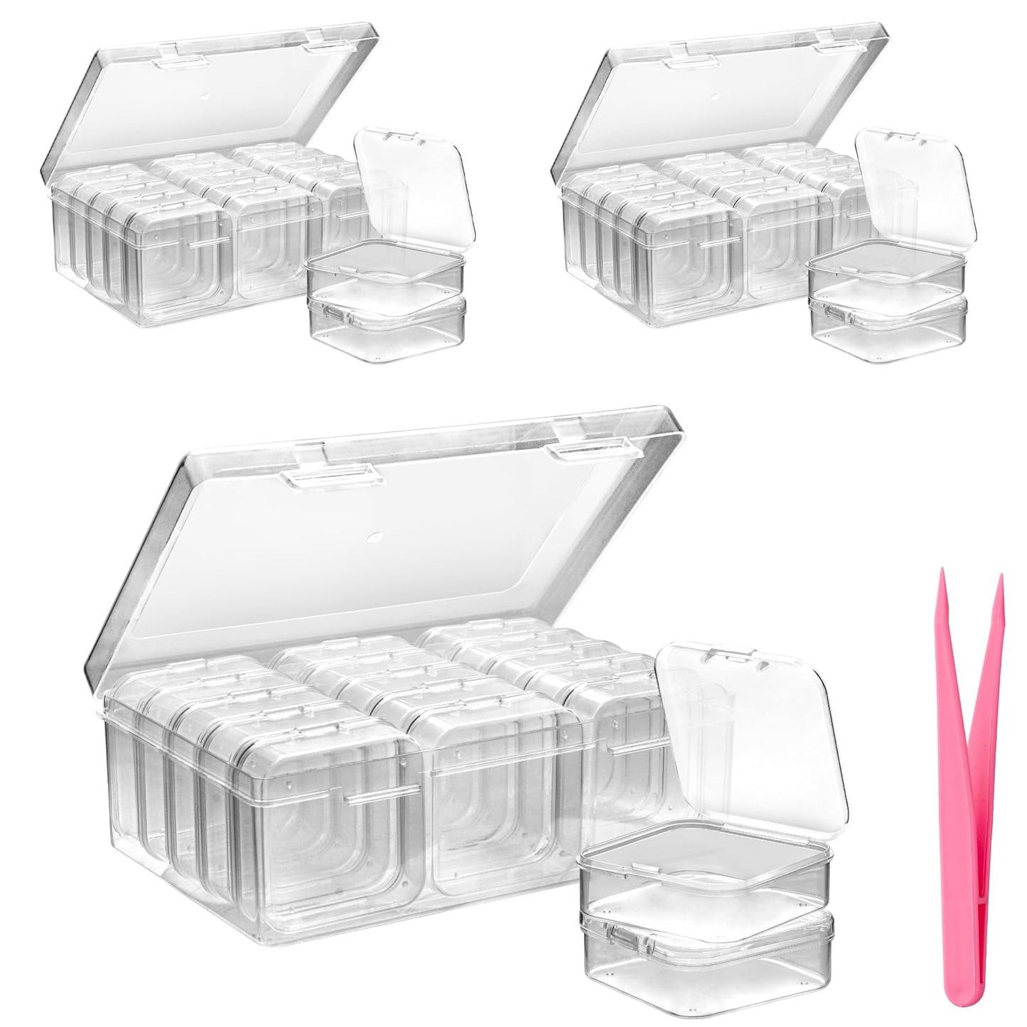 48 Pcs Bead Storage Box with Tweezers, 3 Set Clear Craft Bead Storage Boxes, Small Rectangle Diamond Art Storage Containers with Hinged Lid for