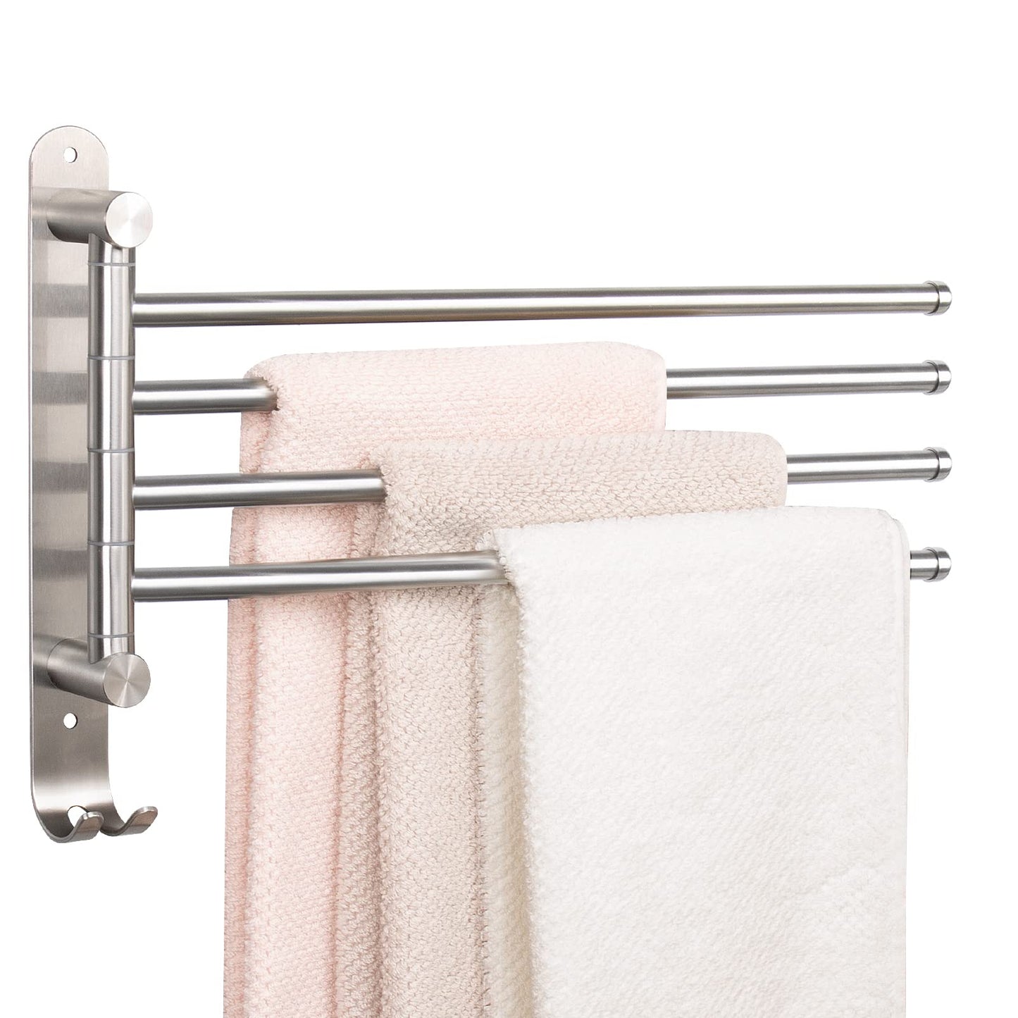 NearMoon Swivel Towel Rack, Thicken SUS304 Stainless Steel 4-Arm Towel Bar, Space Saving Wall Mounted Towel Holder with Hook, Rustproof Swing Out