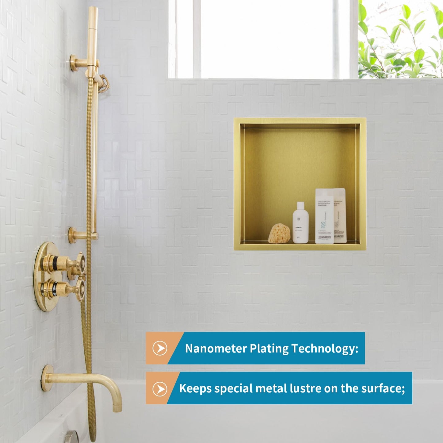 Sanbege 12"×12" Shower Niche Brushed Stainless Steel, Recessed Shower Caddy, Bathroom Shelf Insert Fits for 11"x11" Wall Hole Installation (Gold)
