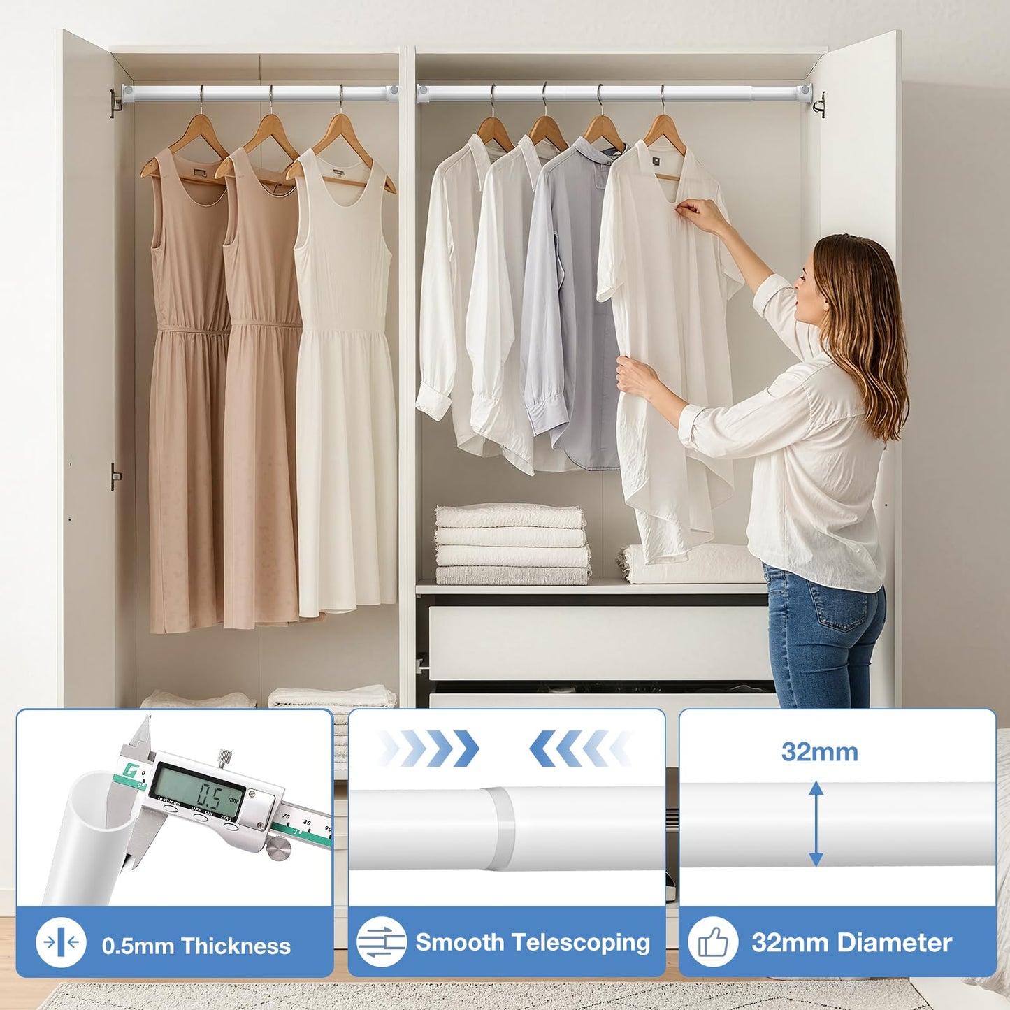Wardrobe Rail 42-134cm Extendable Clothes Rail White Wardrobe Pole Stainless Steel Adjustable Clothes Rail Heavy Duty Hanging Rails For