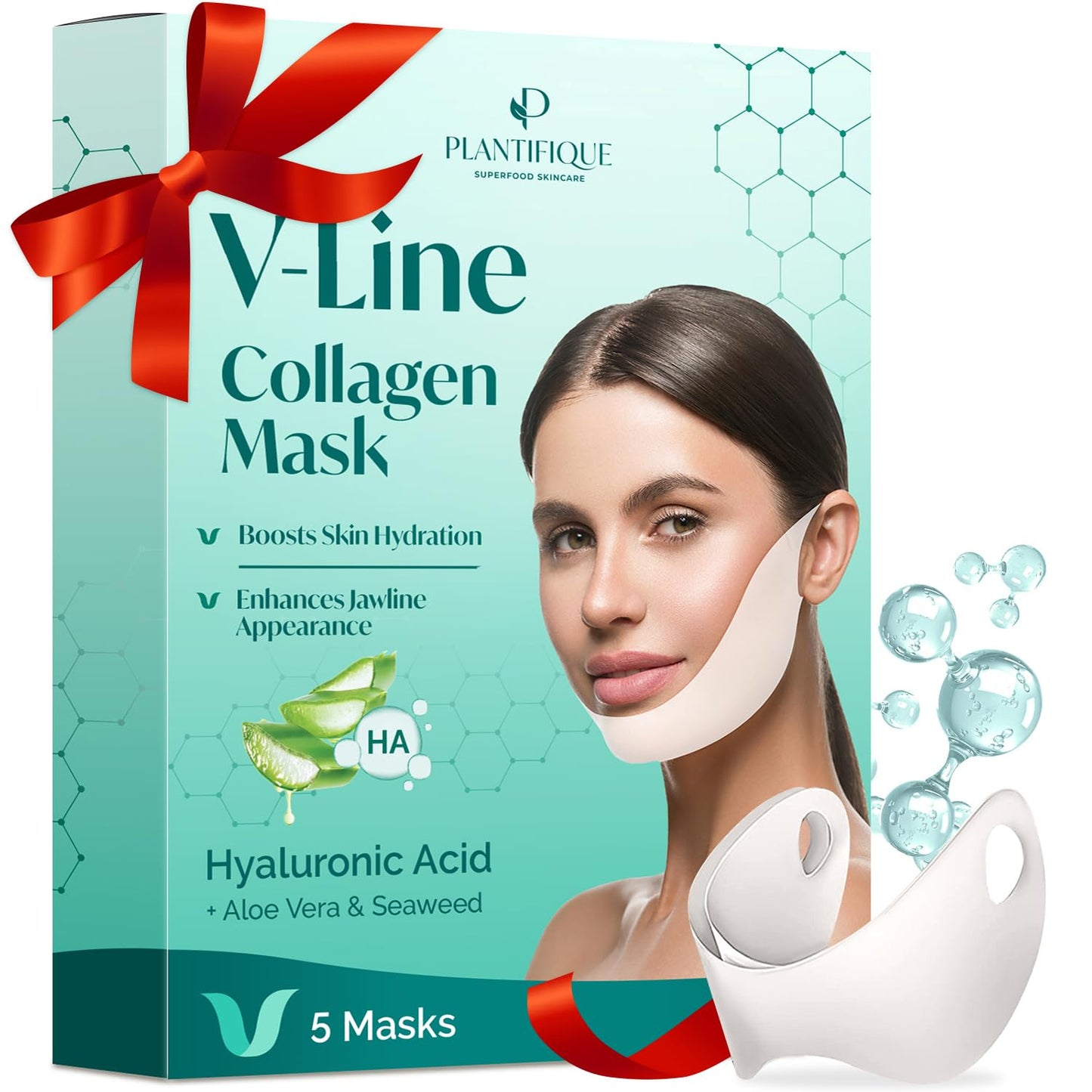Plantifique Collagen Face Mask V-Line 5 Pcs for Skin Firming & Tightening, Double Chin & Jawline Lifting
