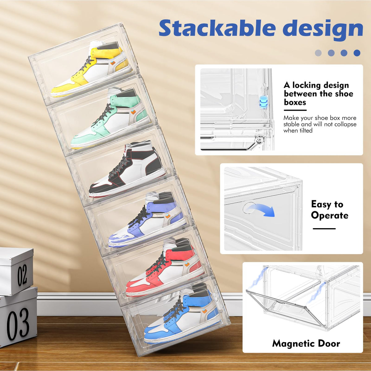 TidyTrove Shoe Storage Box, 9 Pcs Shoe Box Clear Plastic Stackable, Sturdy Foldable Shoe Organizer Containers with Magnetic Door for Women/Men, White