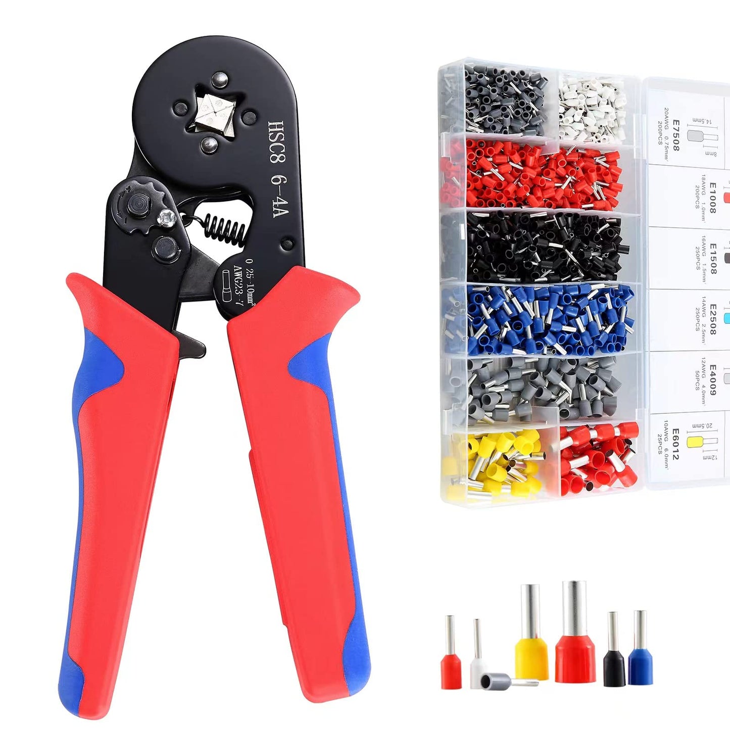 Ferrule Crimping Tool Kit, Hibisaws 0.25-10mm? Self-Adjustable Ratchet Bootlace Crimper Plier Set with 1250 Wire End Ferrule Connectors, Ideal for DIY