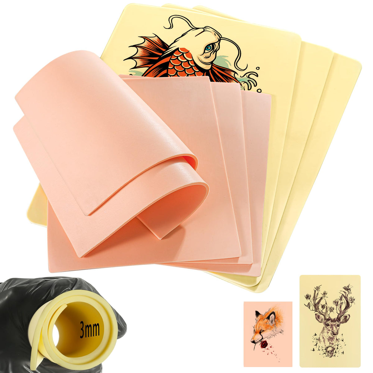 Worldget Tattoo Practice Skin 8 Pcs Fake Skin 3mm Silicone 6 * 8in 8 * 12in Mixed Set Tattoo pad Tattooing Sheet Double Side for Beginners Artists