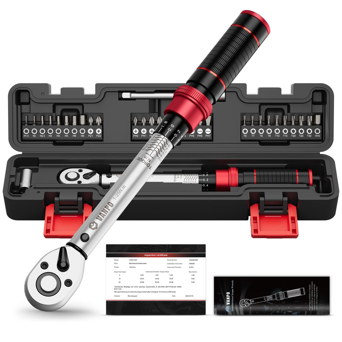 VANPO 32-Piece Bike Torque Wrench Set, 1-25 Nm, ?3% Accuracy, 1/4" Click Torque Wrench Kit with Extension Bar & Socket Bits (Hex, Torx, Phillips,