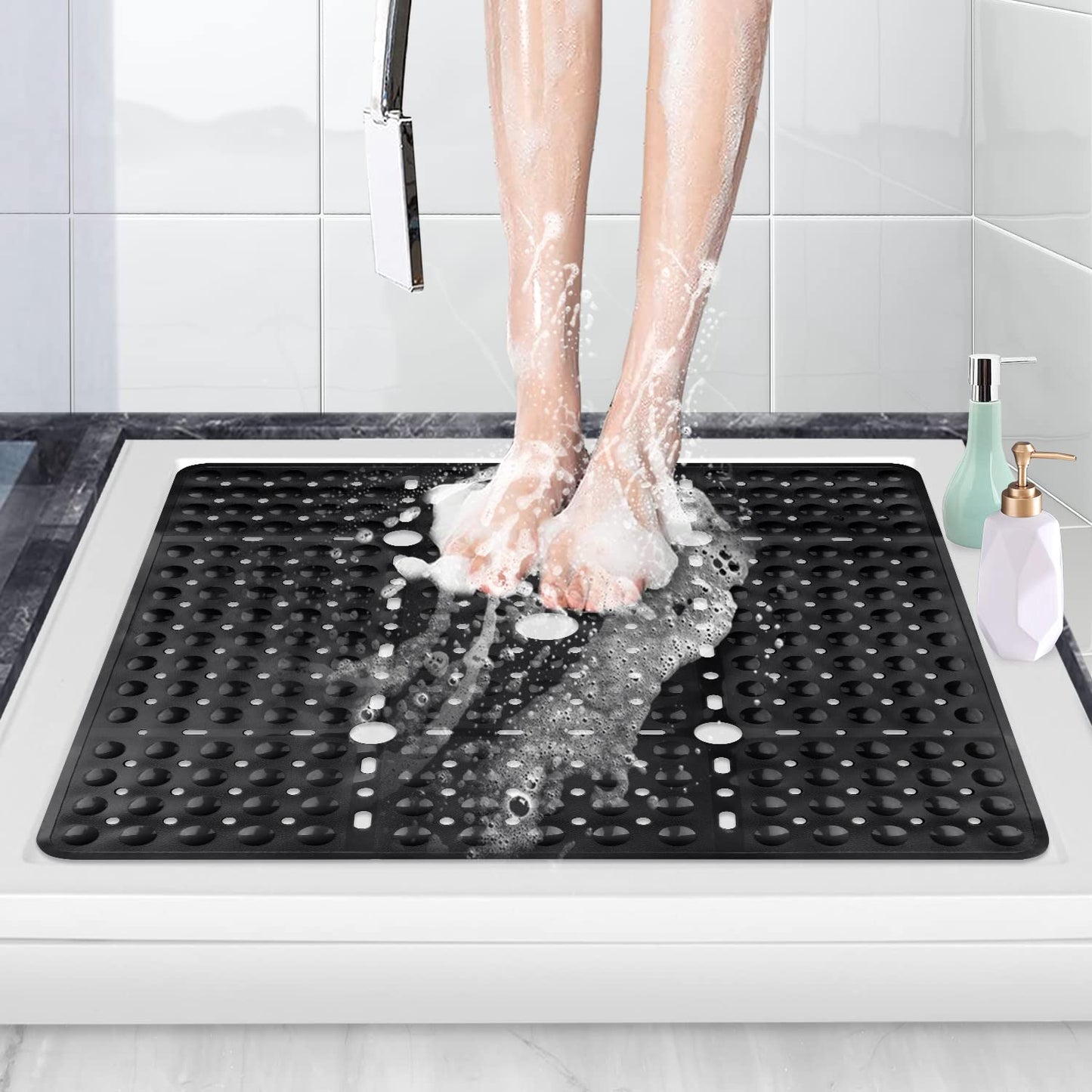 ZOKBOM Square Shower Mat Non Slip 70x70cm | Large Shower Mats for Inside Shower with Suction Cups & Drain Holes | Anti Mould Rubber Bathtub Mats for