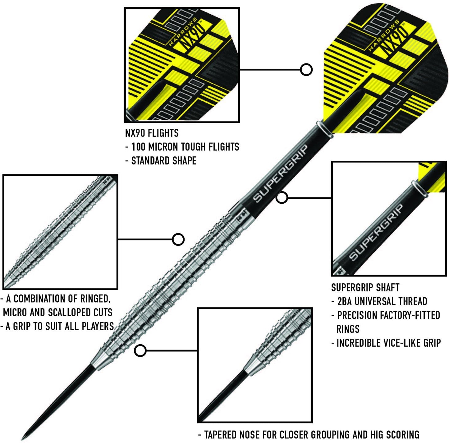 Harrows NX90 90% Tungsten Steel Tip Darts Set 21g, 22g, 23g, 24g, 25g & 26g - Includes Black Supergrip Midi Shafts & Micron NX90 Flights (21g)