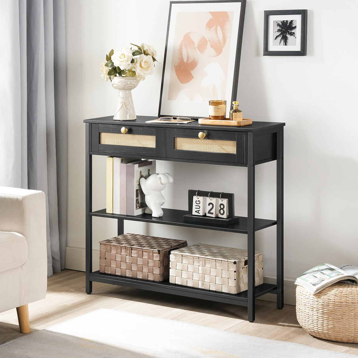 HOOBRO Rattan-Like Black Console Table, 3-Tier Hallway Table with 2 Flip-Down Drawers and Storage Shelves, 80 cm, Open and Hidden Storage Space