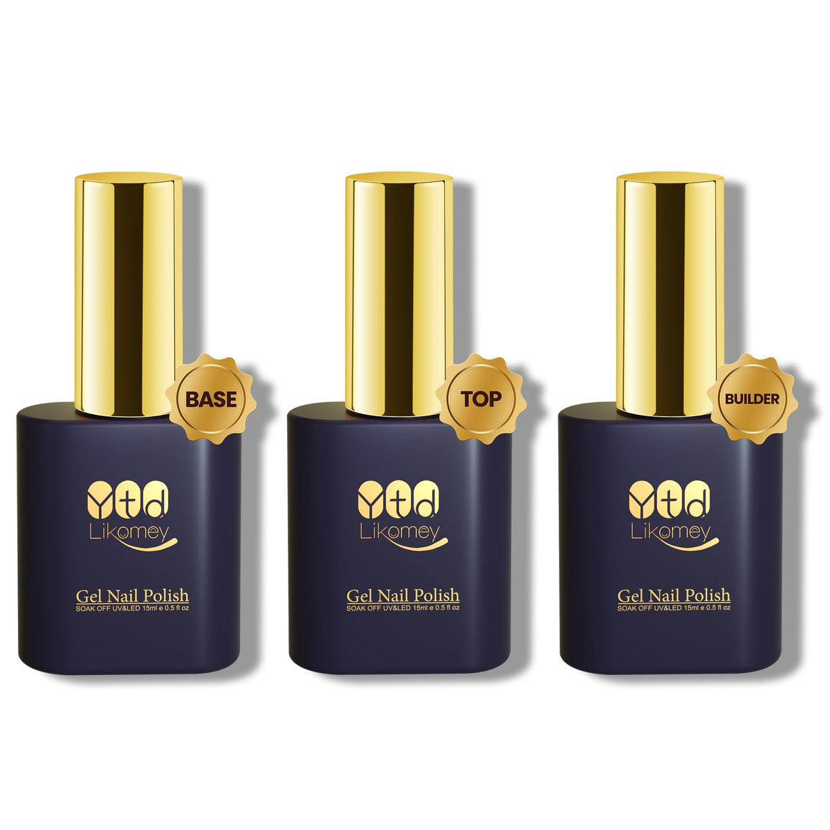 YTD Likomey Gel Nail Polish Base Coat Top Coat Builder Gel Set,3 Pcs 15ml HEMA Free No Wipe High Glossy Multi-Function Extension Long Lasting