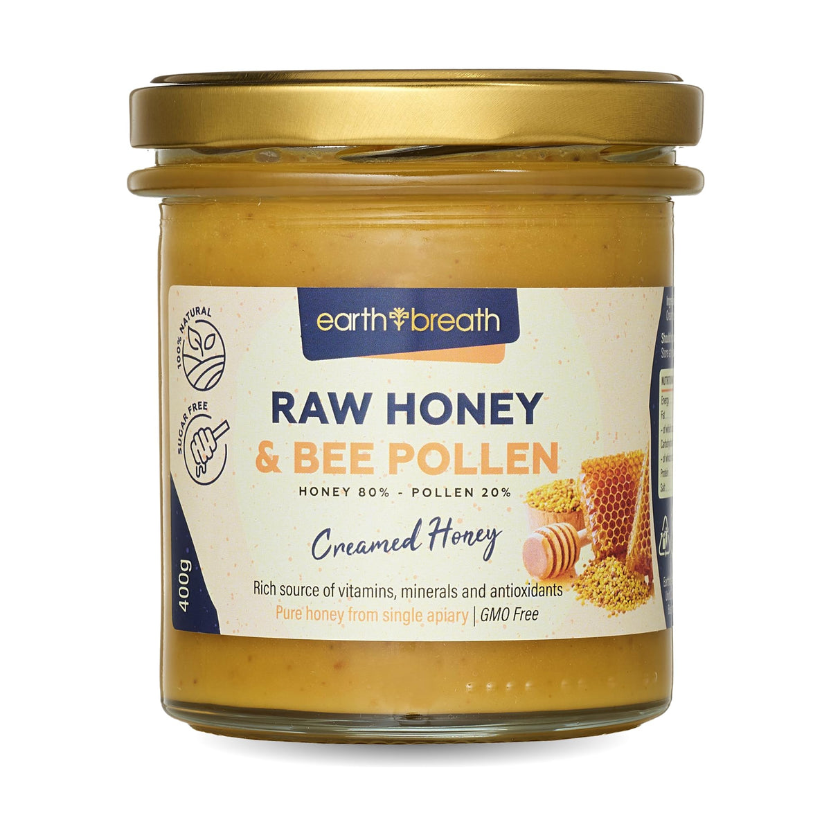 Earthbreath Raw Honey with Bee Pollen ? 400g | 100% Pure, Unfiltered & Unpasteurised | Natural, Single-Origin Honey ? No Additives