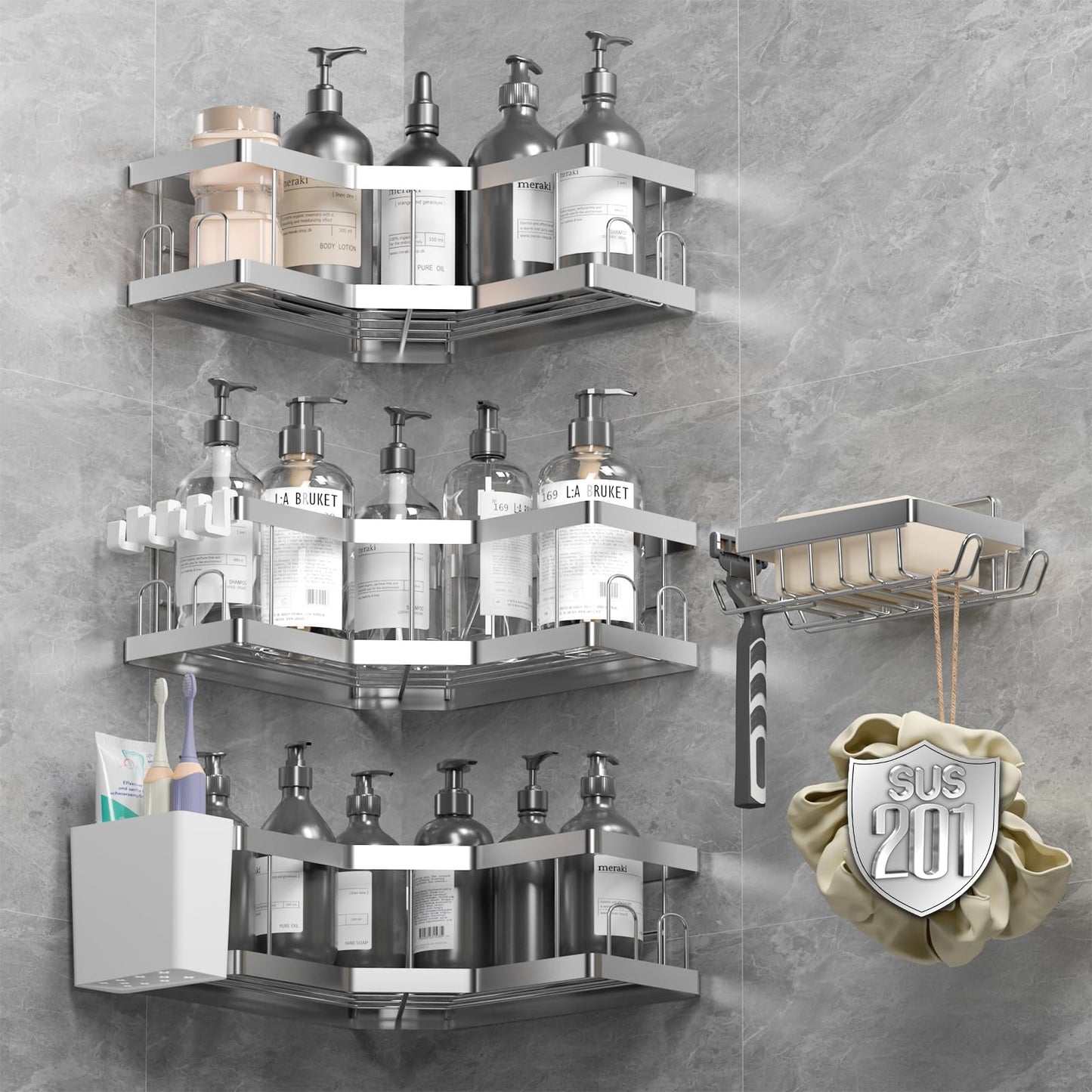 AceMining Shower Caddy, 5 Pack Silver Bathroom Shelves, Adhesive Shelf Storage No Drilling, 201 Stainless Steel Shower Organiser, Rust-Resistant Caddy