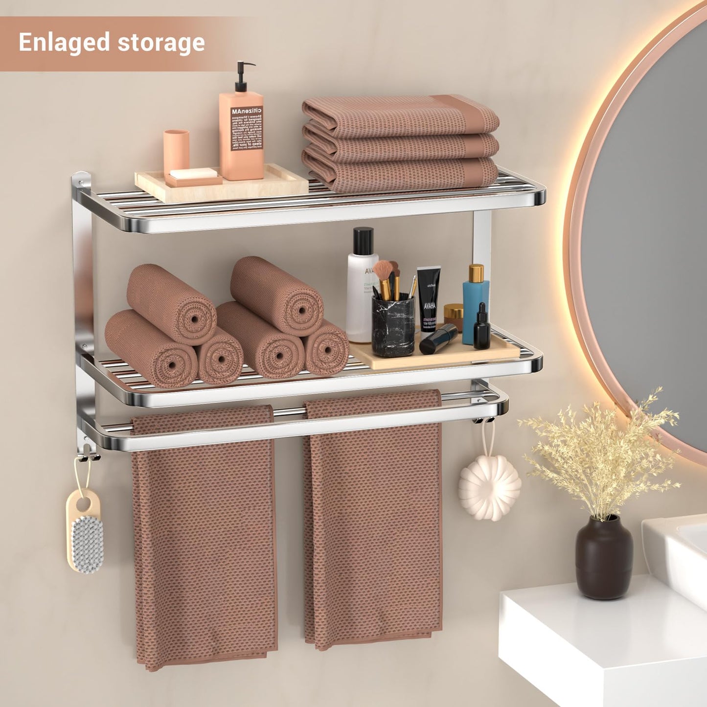 DDS-DUDES 3-Tier Towel Racks for Bathroom with Towel Bars Multilayer Hotel Towel Shelf Stainless Steel Wall-Mounted Brushed Finish Holder with Towel