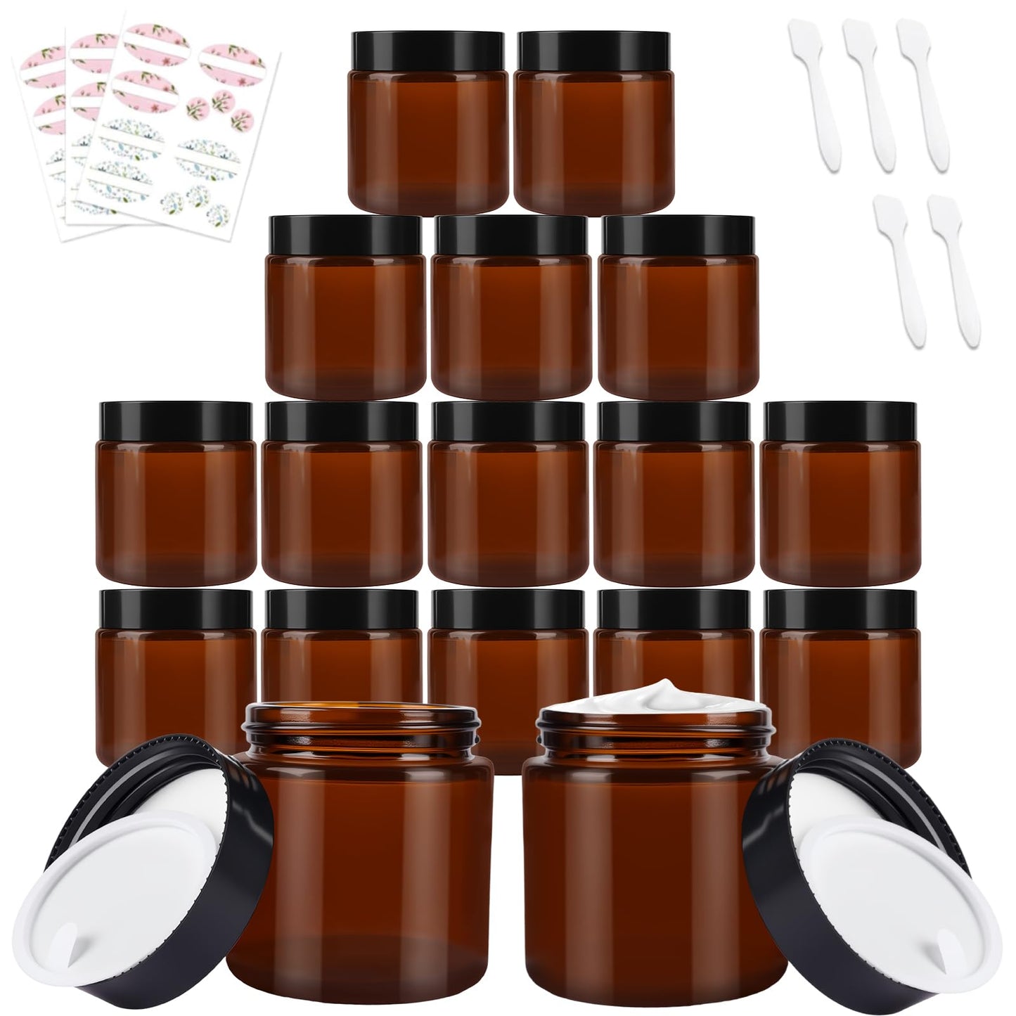 Glass Cosmetic Storage Jars, 15 Pack 120 ml / 4 oz Amber Glass Jars with Tight-Seal Lids & Inner Liner for Lotion, Face Cream,DIY Candle, Essential