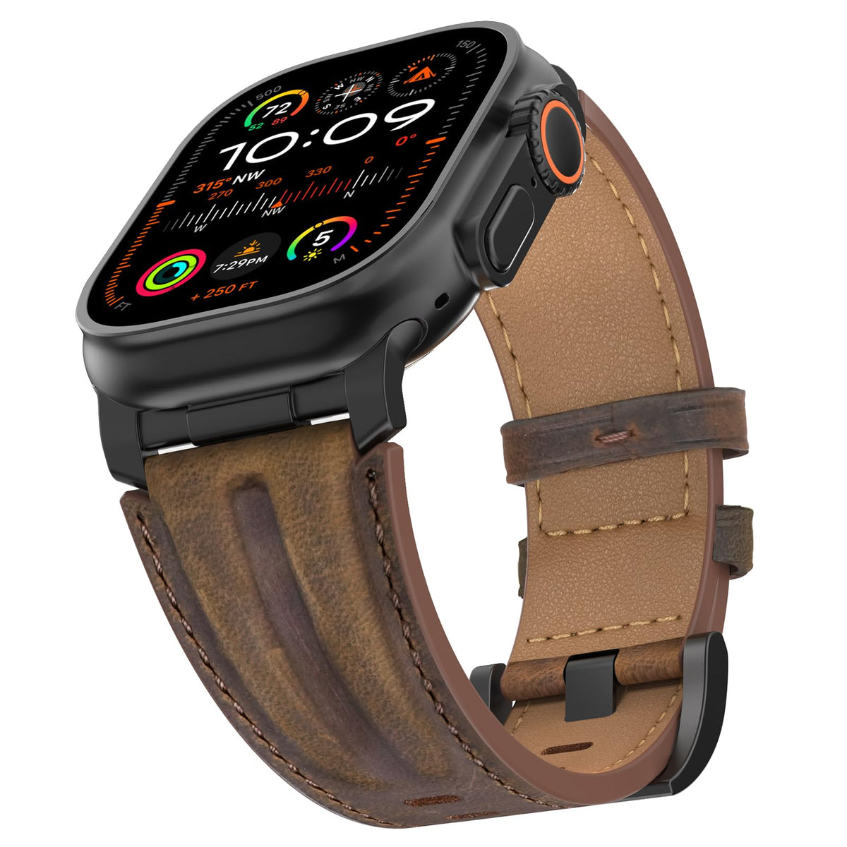 Bouixel Top Grain Genuine Leather Strap Compatible with Apple Watch Ultra 3 Straps 49mm 46mm 45mm 44mm 42mm, Rugged Metal Connector Band for Women Men