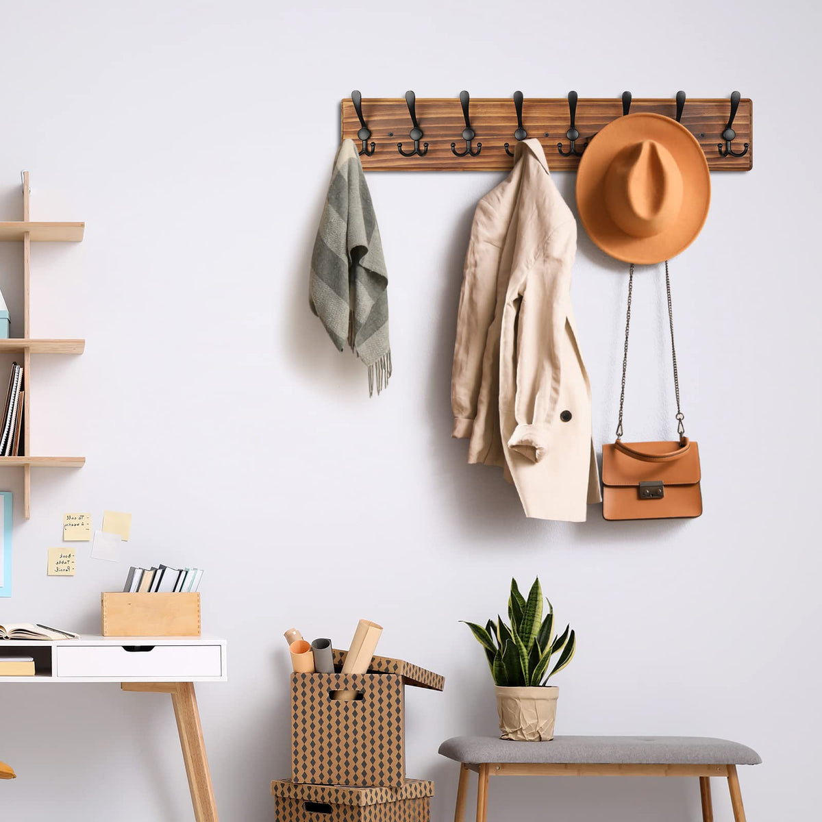 PHINGEER Wall Mounted Coat Hooks, Wooden Heavy Duty Coat Rack for Wall,8 Triple Coat Hanger Hooks for Hanging Coats,Jacket,Hat,Clothes,Brown (Brown, 8