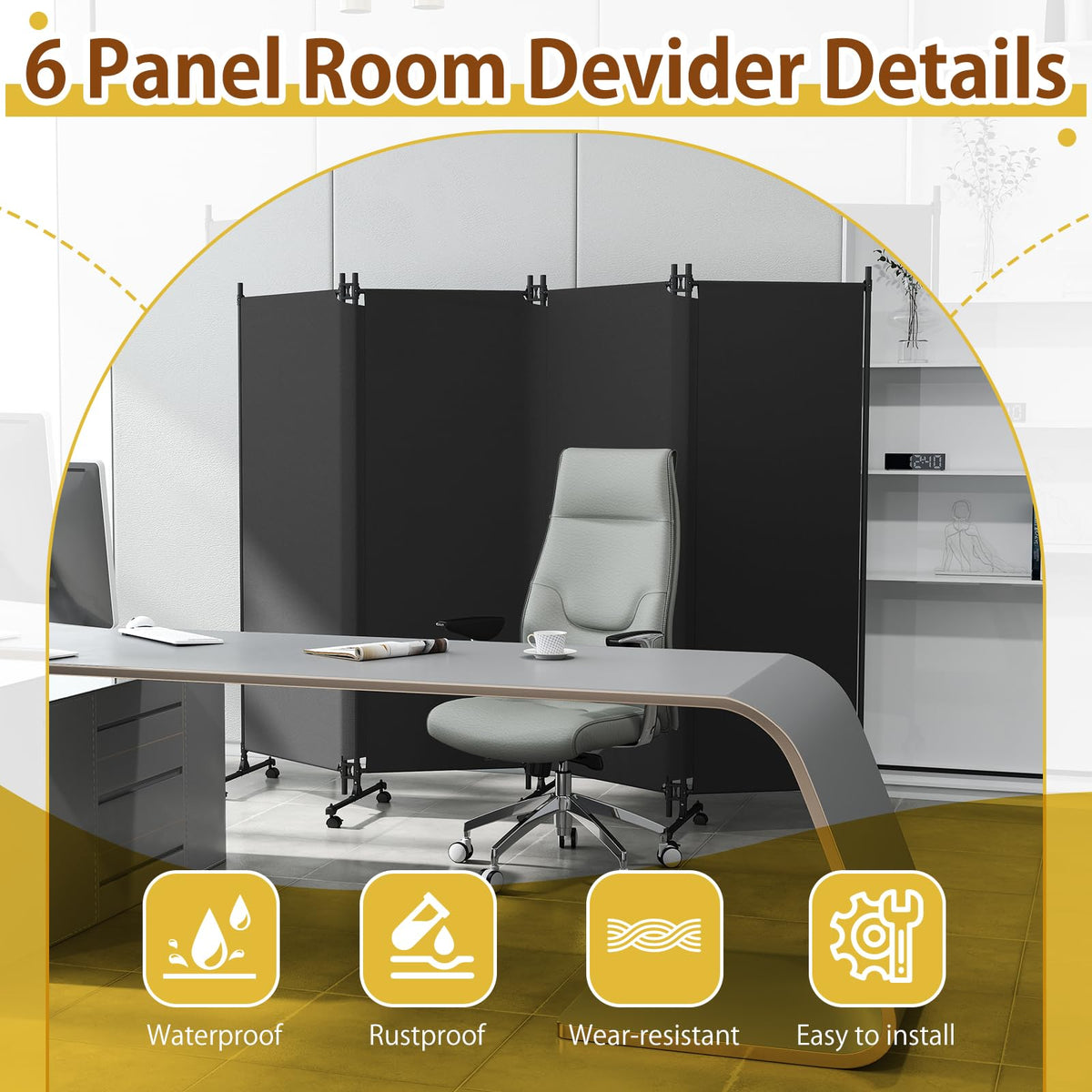 HIDODO 4 Panel Upgraded Room Divider with Wheels, 247cm W x 183cm H, Black