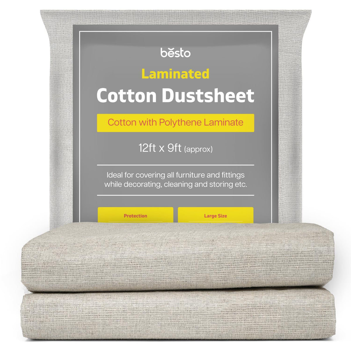 Pack of 2 Laminated Cotton Dust Sheets for Decorating, Waterproof 12ft x 9ft Dust Sheets Twill Laminated Polythene Backed Reusable Paint Sheets for