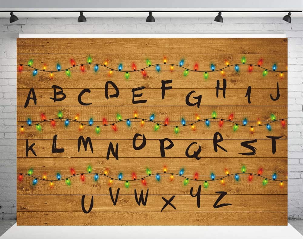 Stranger Series Theme Photography Backdrop Alphabet Wood Colourful Light String Birthday Party Decorations Banner Supplies (7x5FT)
