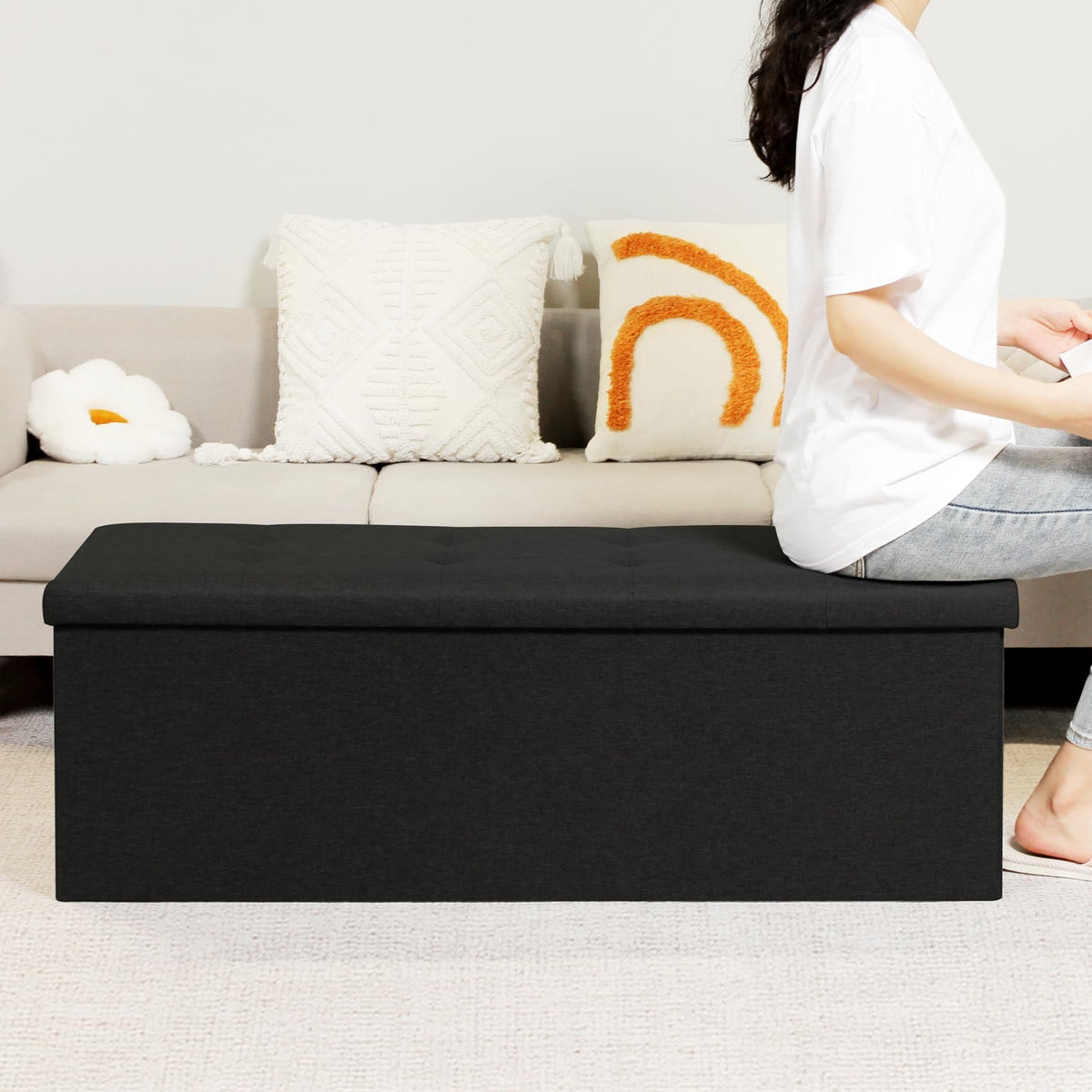 Bonlife 110cm Extra Large Ottoman Storage Box with Lid,Black Folding Toy Chest Boxes Bedroom End of Bed Storage Bench Footstools for Living Room